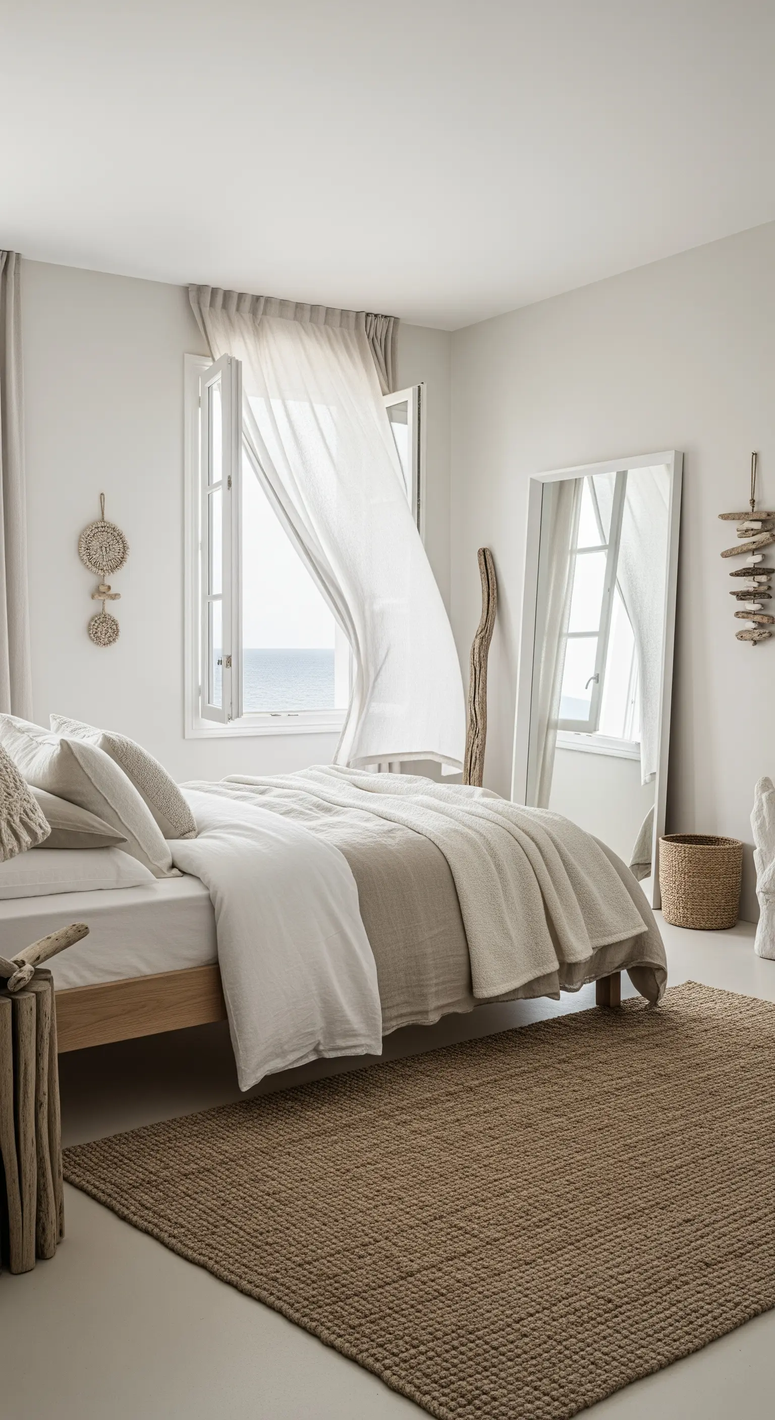 Camera da letto bianca e beige con letto in legno, tappeto in juta e tende leggere.