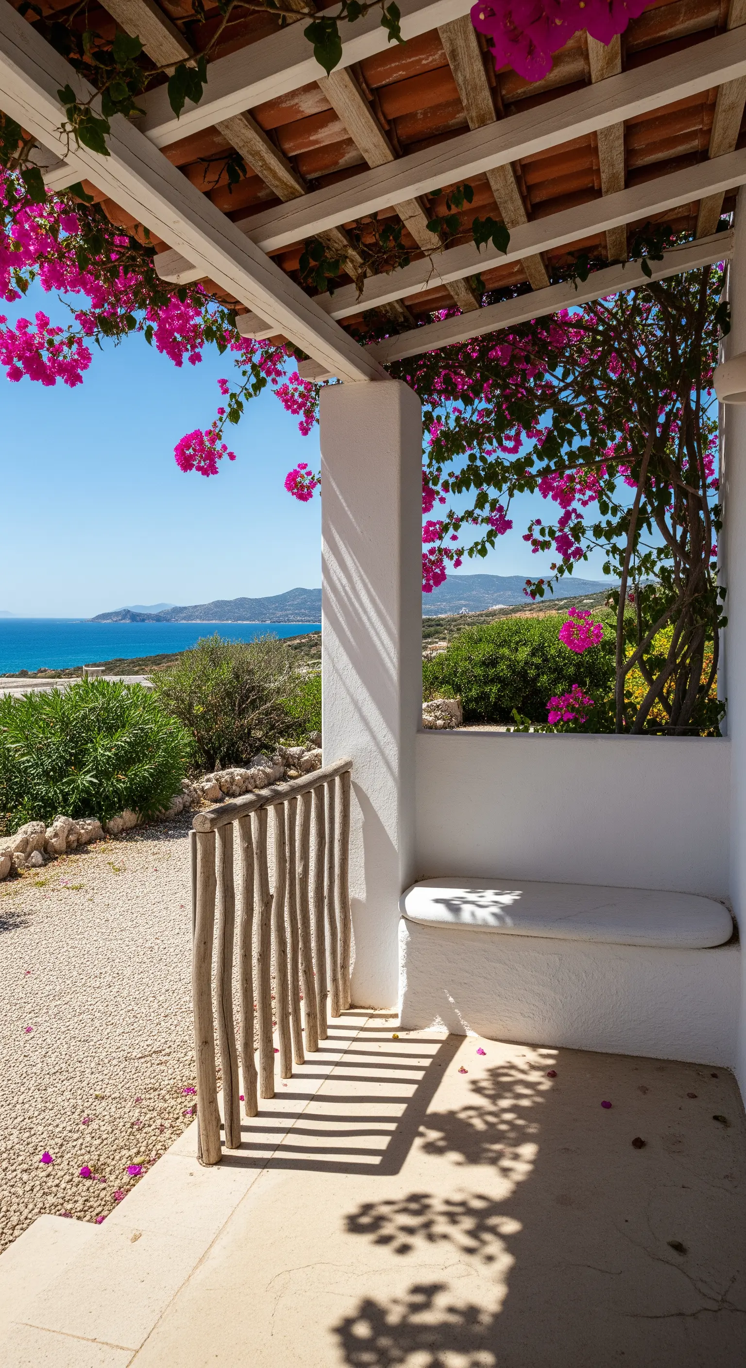 Portico bianco in stile mediterraneo con panca integrata e bouganville rampicante.