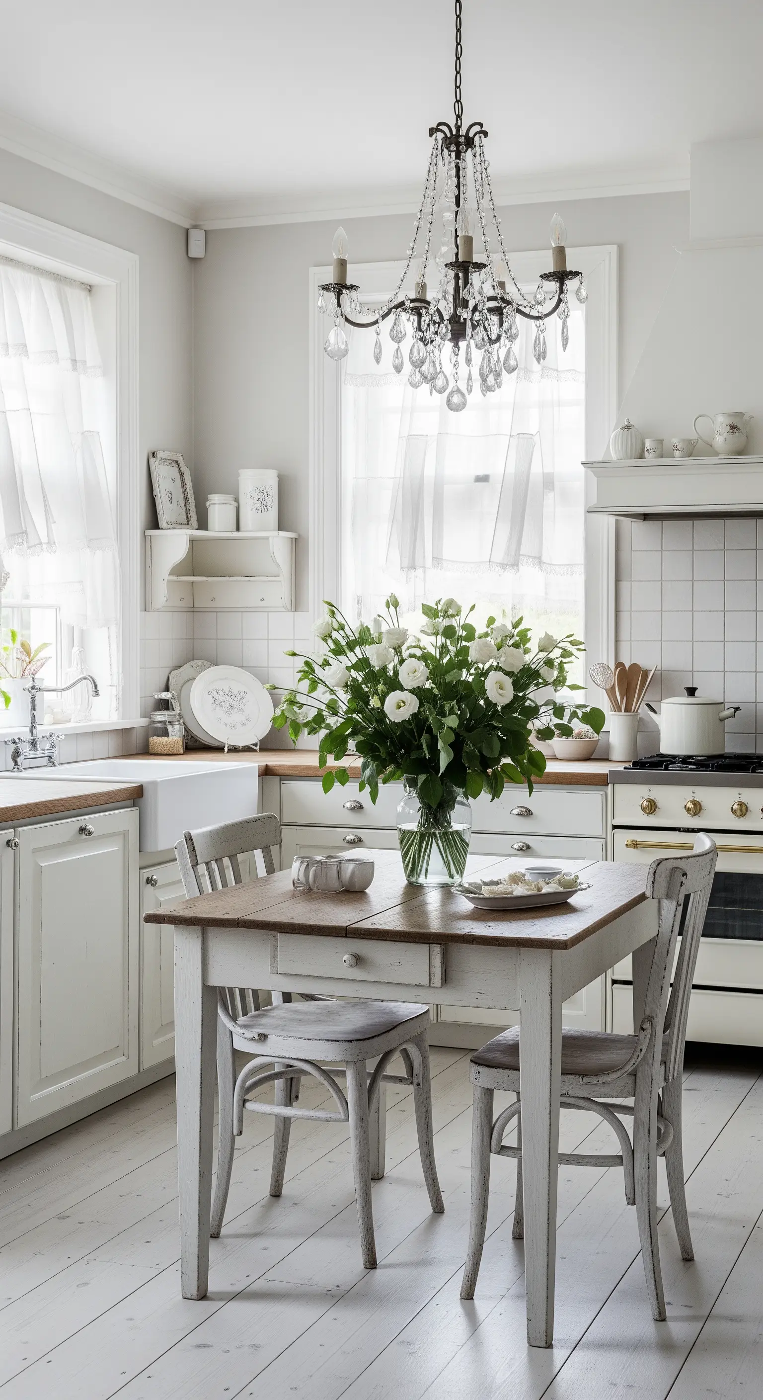 Cucina total white con pavimento in legno bianco e lampadario a candelabro.