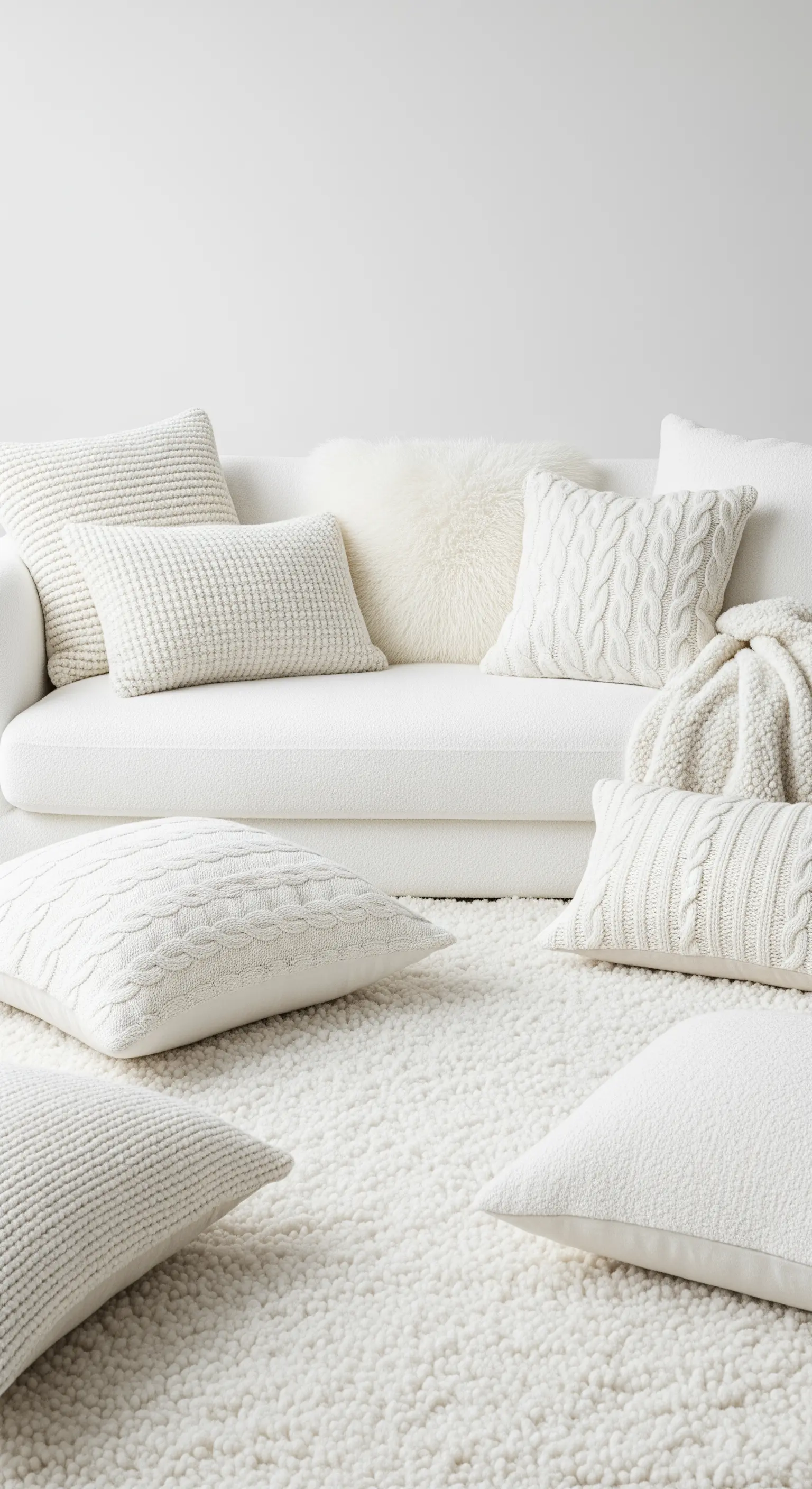Salotto total white con un mix di cuscini testurizzati su un divano e un tappeto a pelo lungo.