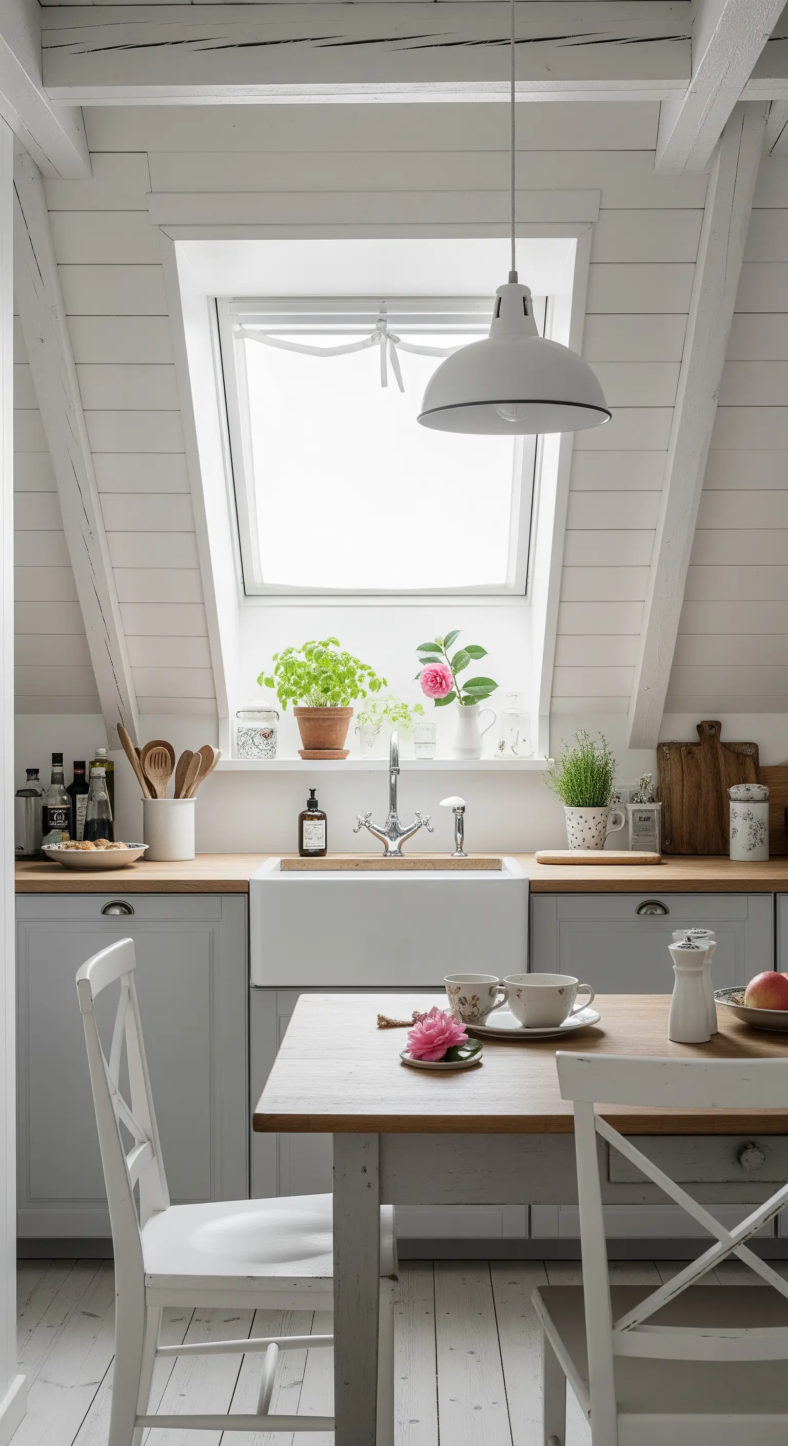 Cucina bianca in mansarda con perline, piano in legno e lavello in ceramica.