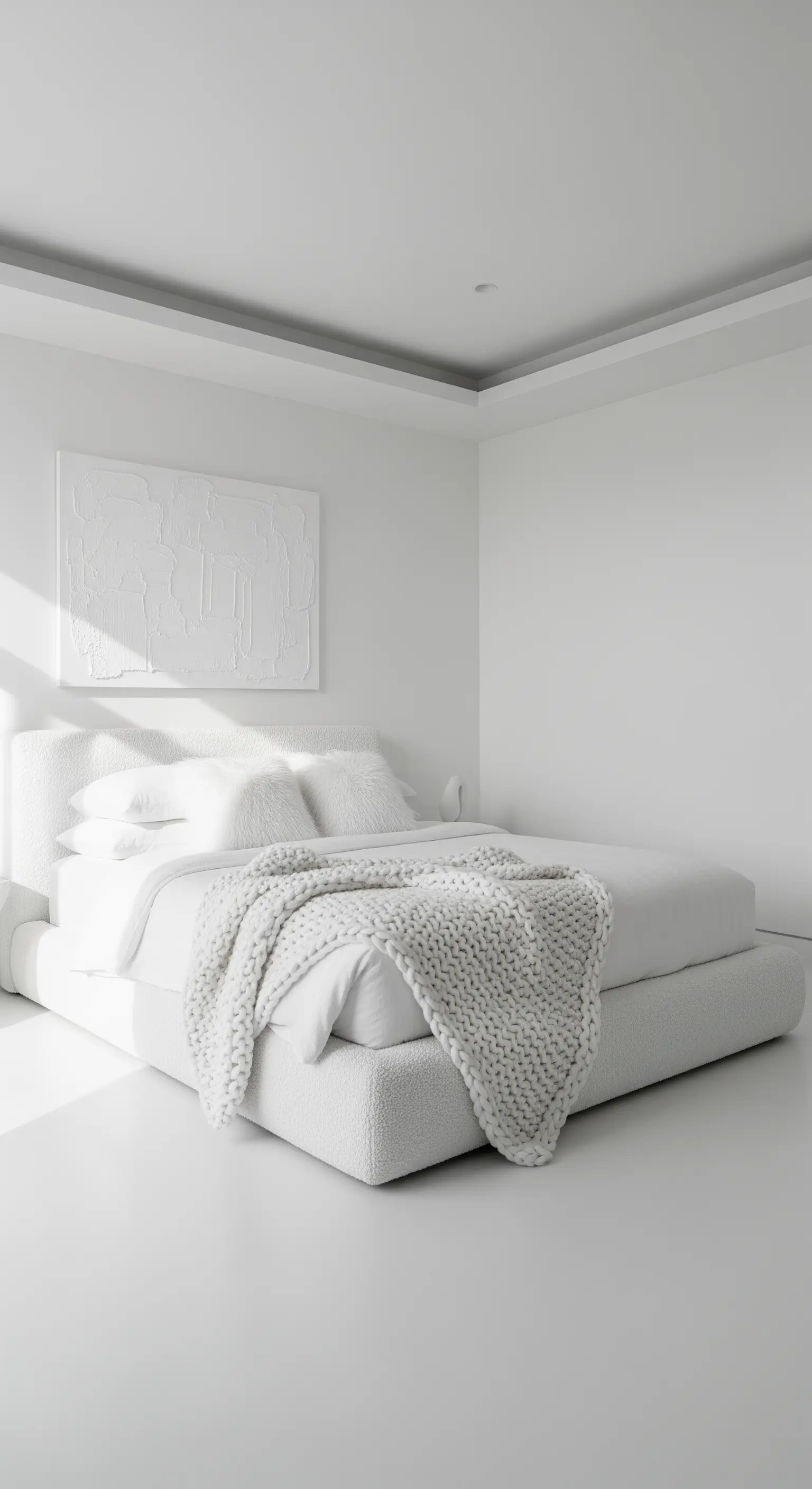 Camera da letto minimalista total white con letto in tessuto bouclé e coperta a maglia.