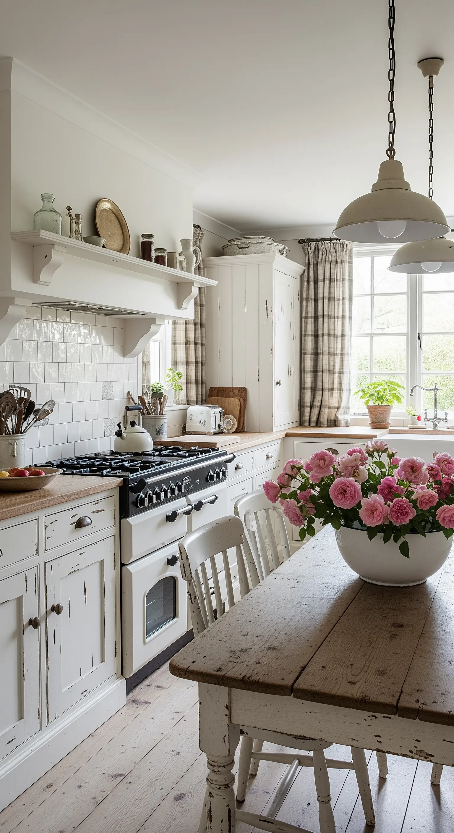 Cucina shabby con mobili bianchi decapati e tavolo in legno rustico.