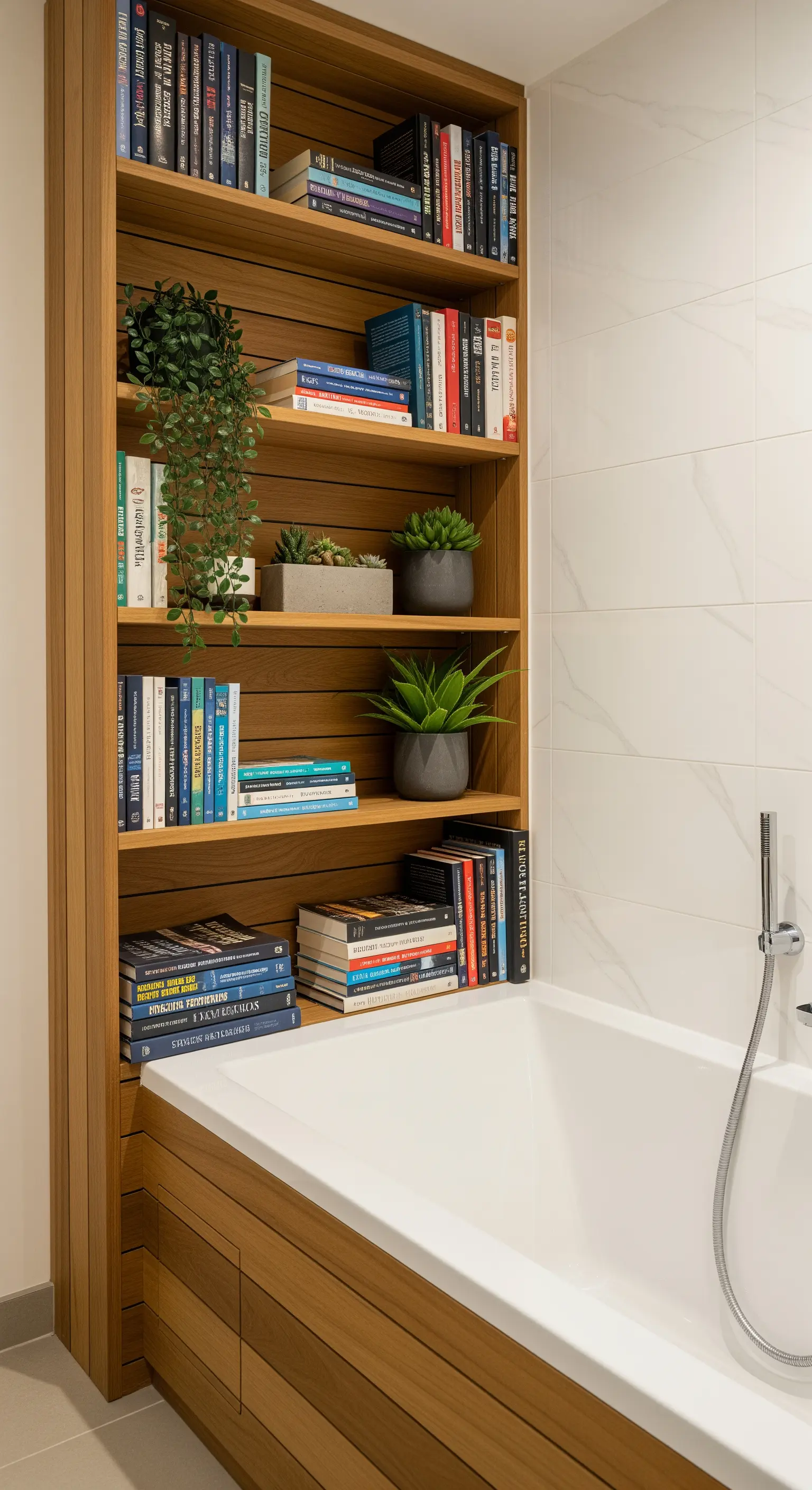 Libreria in legno a fianco della vasca da bagno con libri e piccole piante.