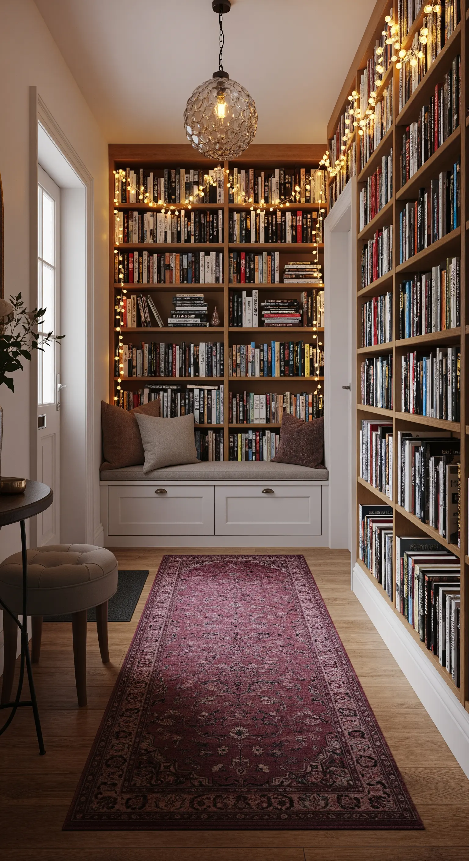 Corridoio con librerie a tutta altezza illuminate da lucine e panca per la lettura.