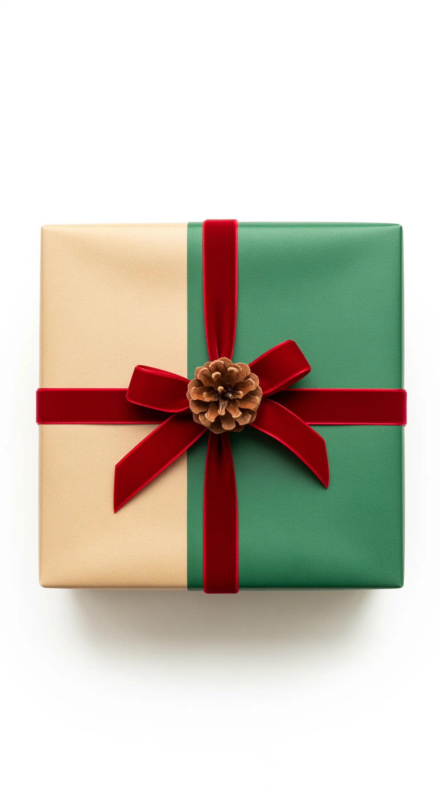 Pacchetto regalo bicolore, metà carta kraft e metà verde, con fiocco rosso centrale.