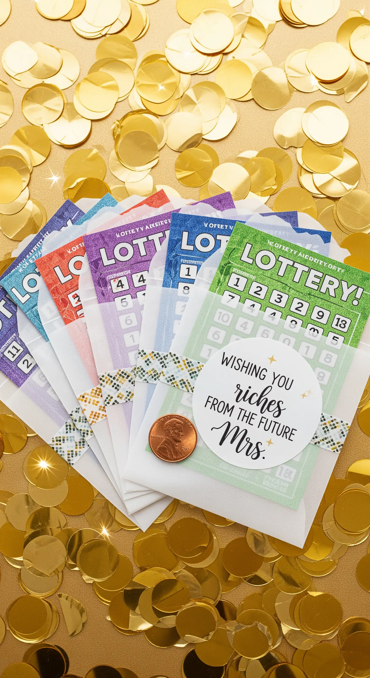 Biglietti della lotteria confezionati come regalo di addio al nubilato con un augurio di fortuna.