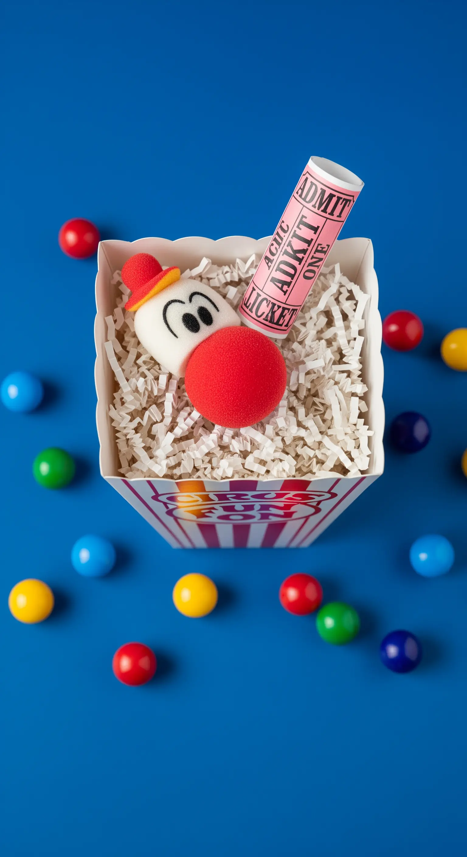 Scatola da popcorn usata come contenitore per un regalino a tema circo con un pupazzo e un biglietto.
