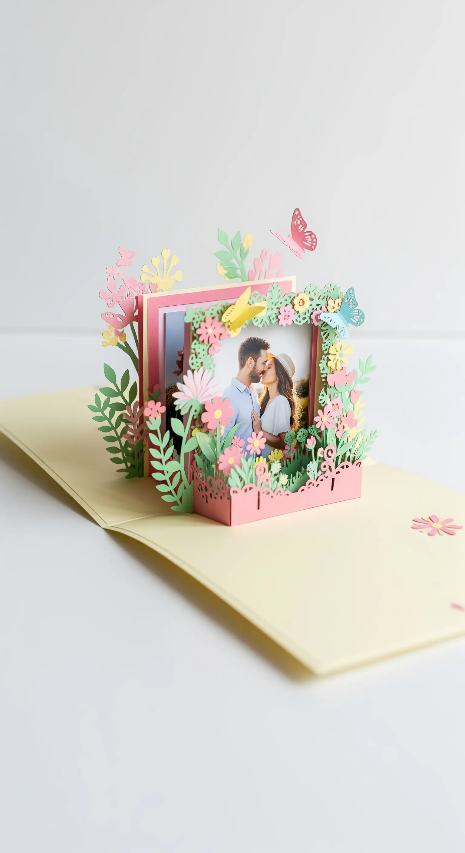 Biglietto d'auguri pop-up tridimensionale con una foto di coppia circondata da fiori di carta.