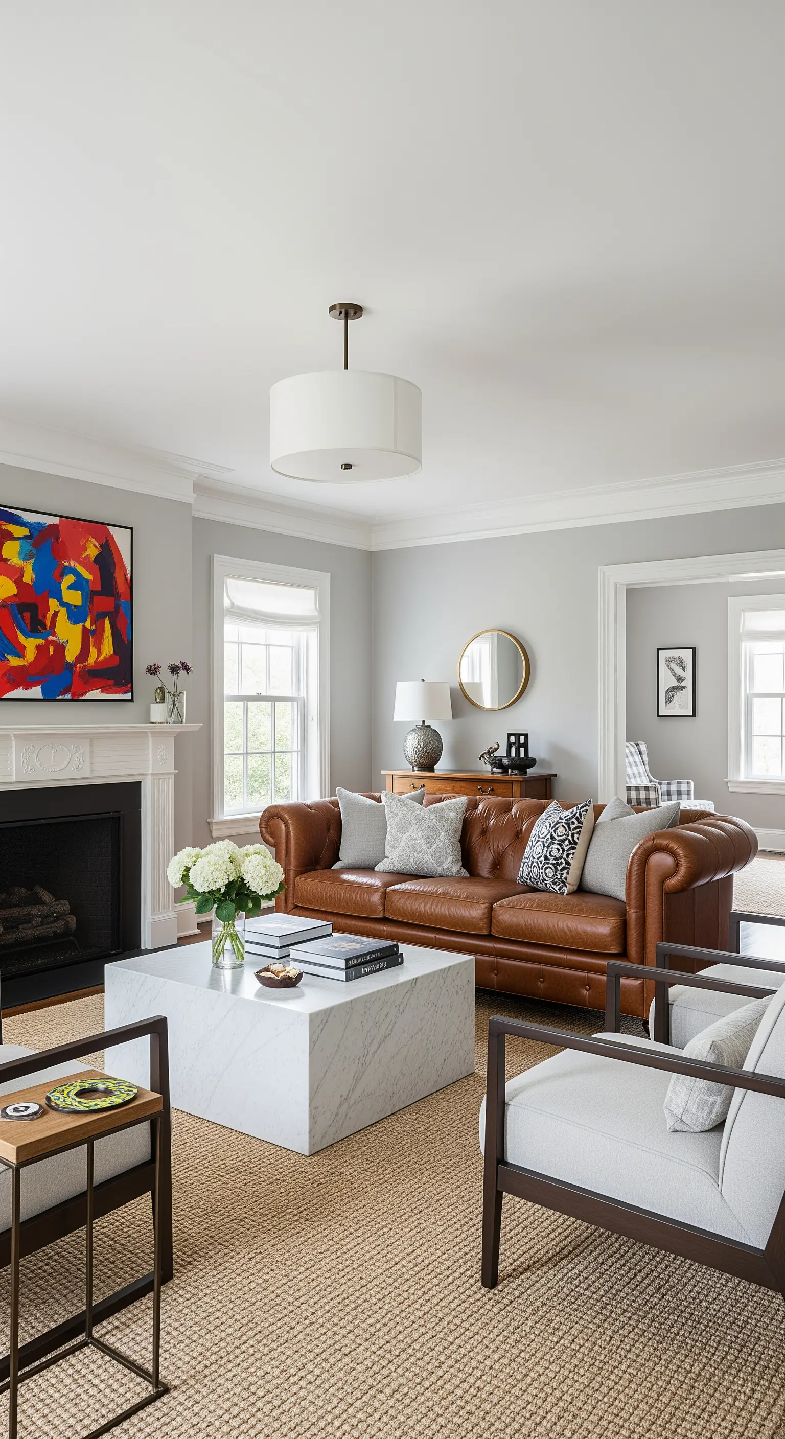 Salotto tradizionale con divano Chesterfield, tavolino a cubo in marmo e arte astratta.