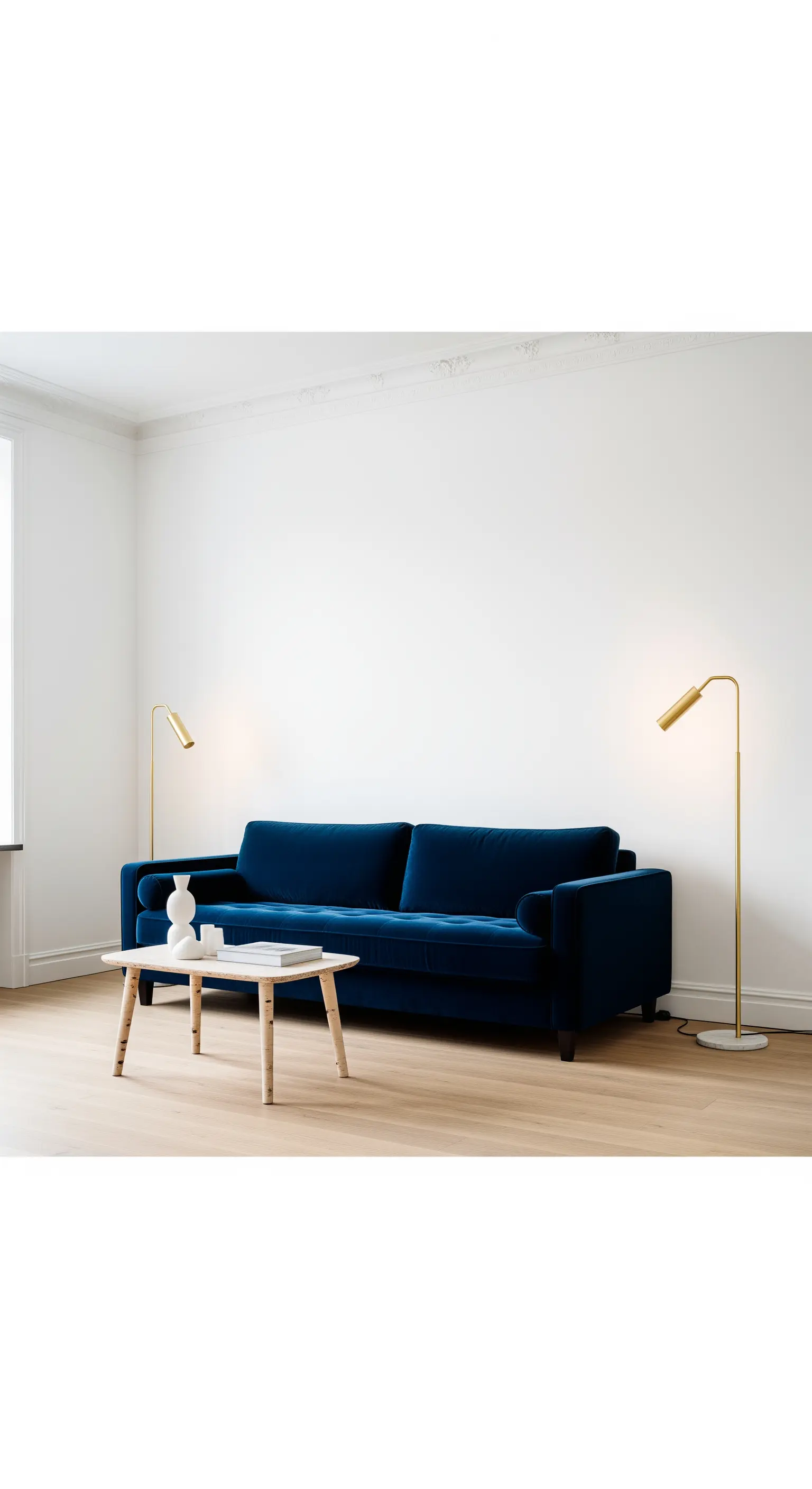 Divano in velluto blu in una stanza bianca minimalista con due lampade da terra dorate.