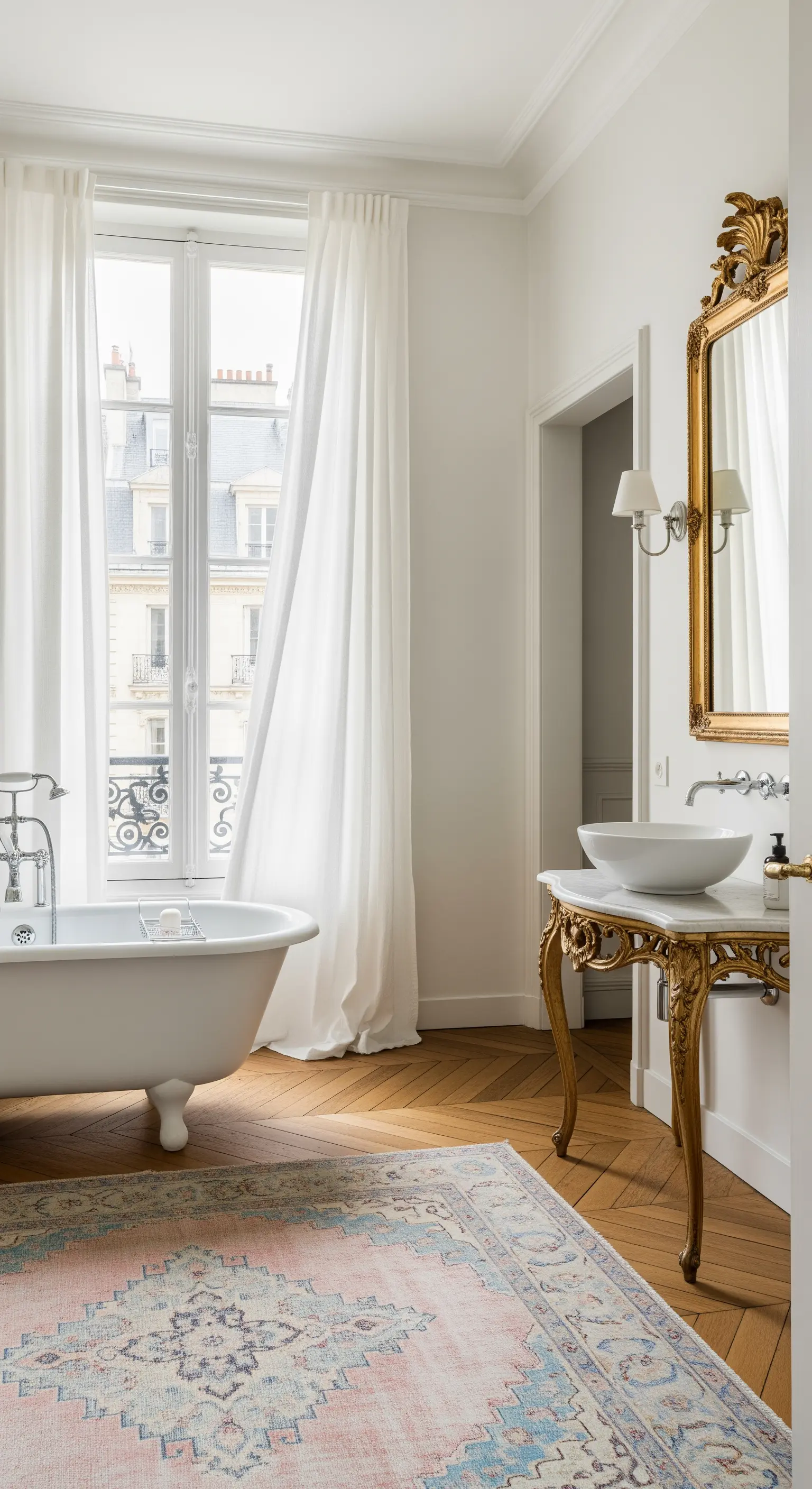 Bagno parigino con vasca freestanding, consolle dorata e tappeto dai toni pastello.