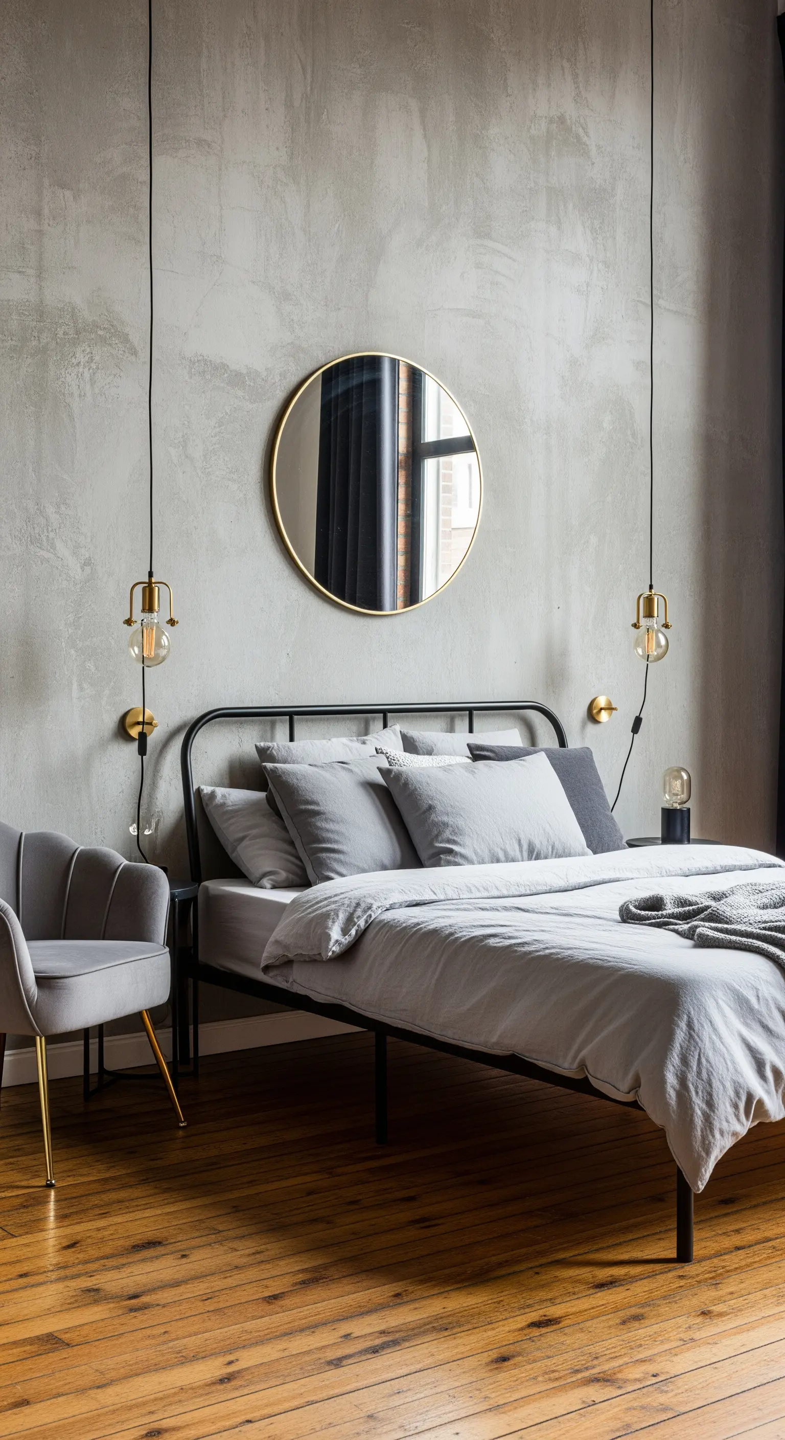 Camera da letto industriale con parete effetto cemento, letto in metallo nero e lampade dorate a sospensione.