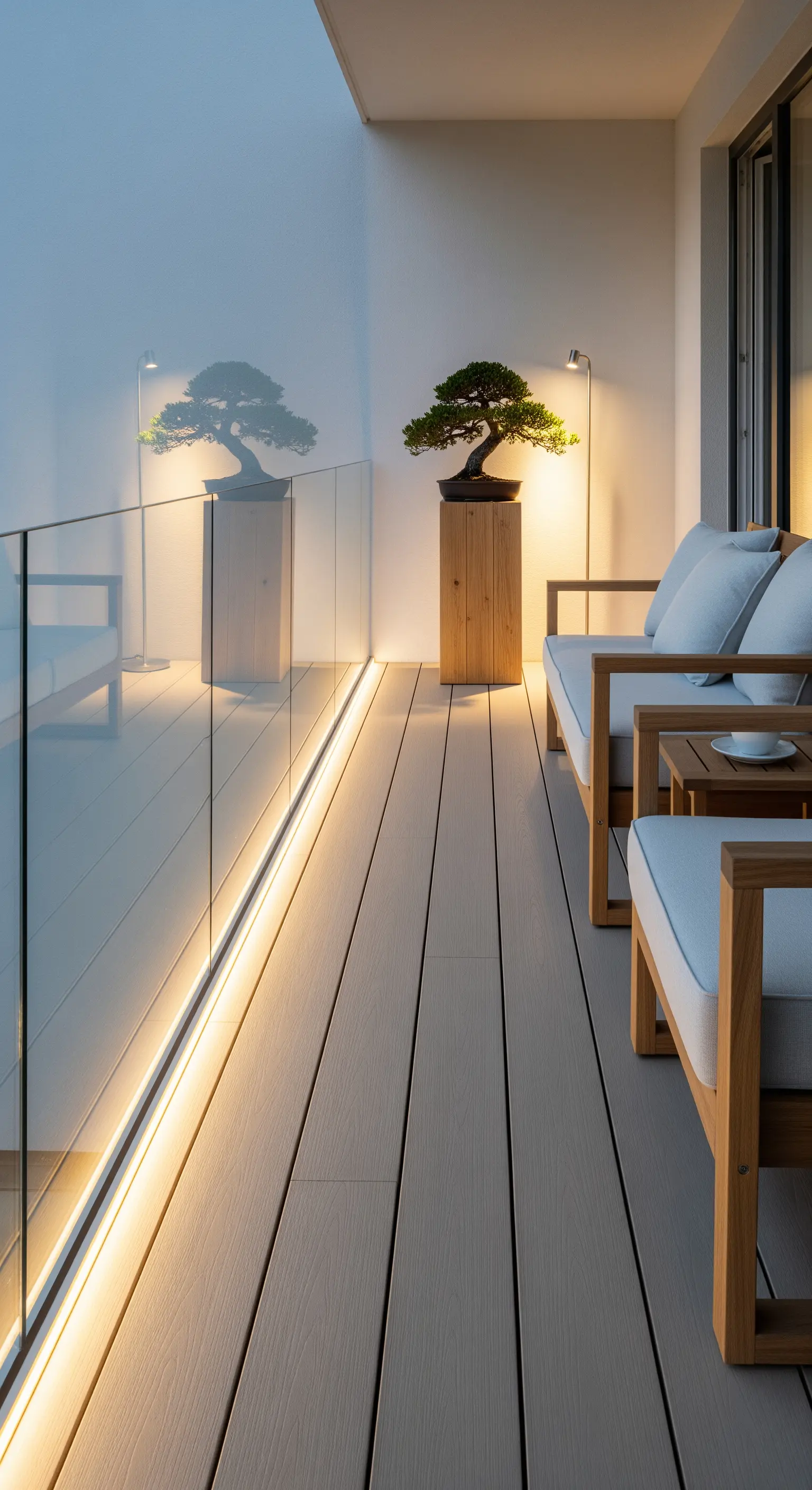 Balcone zen con divanetti in legno, bonsai illuminato da una lampada e luce LED perimetrale