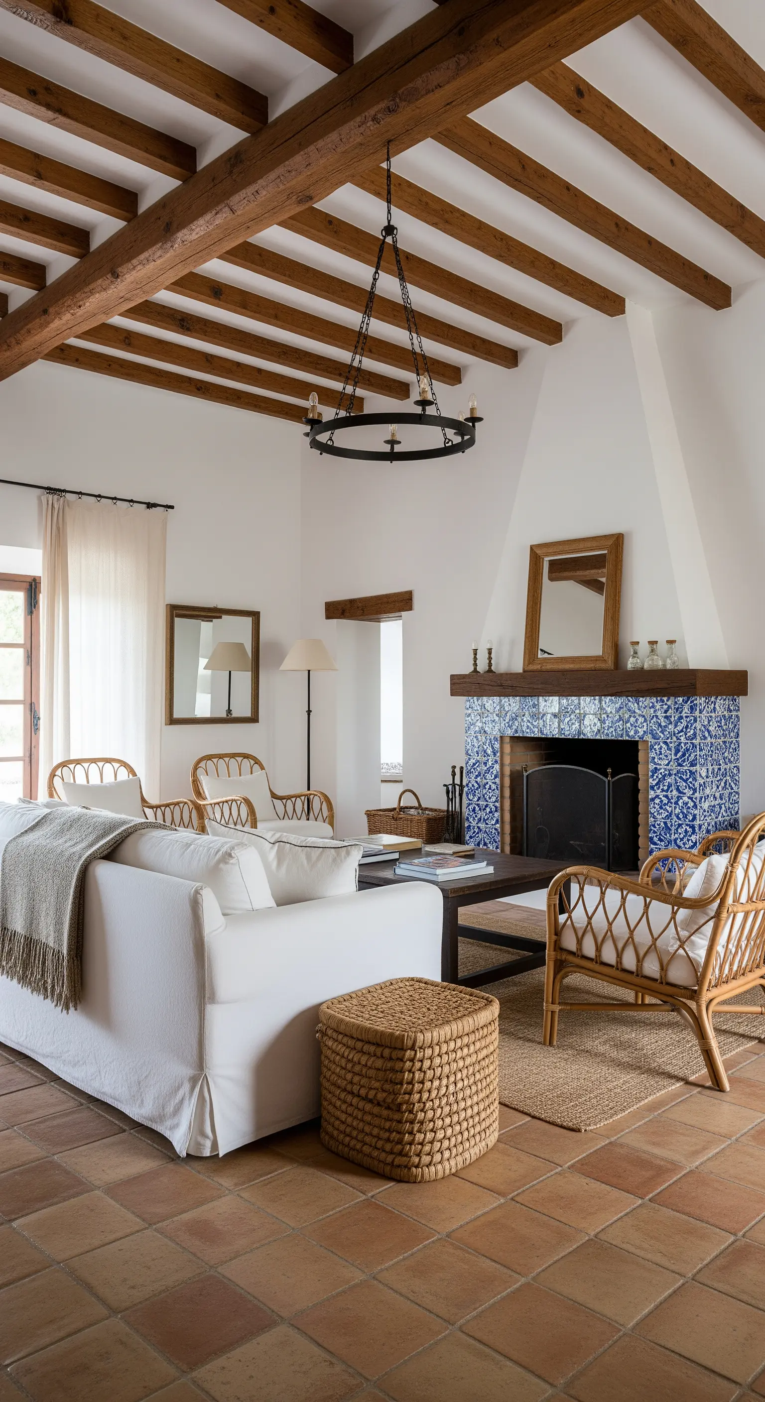 Soggiorno rustico con travi a vista, camino con piastrelle blu e divano bianco.