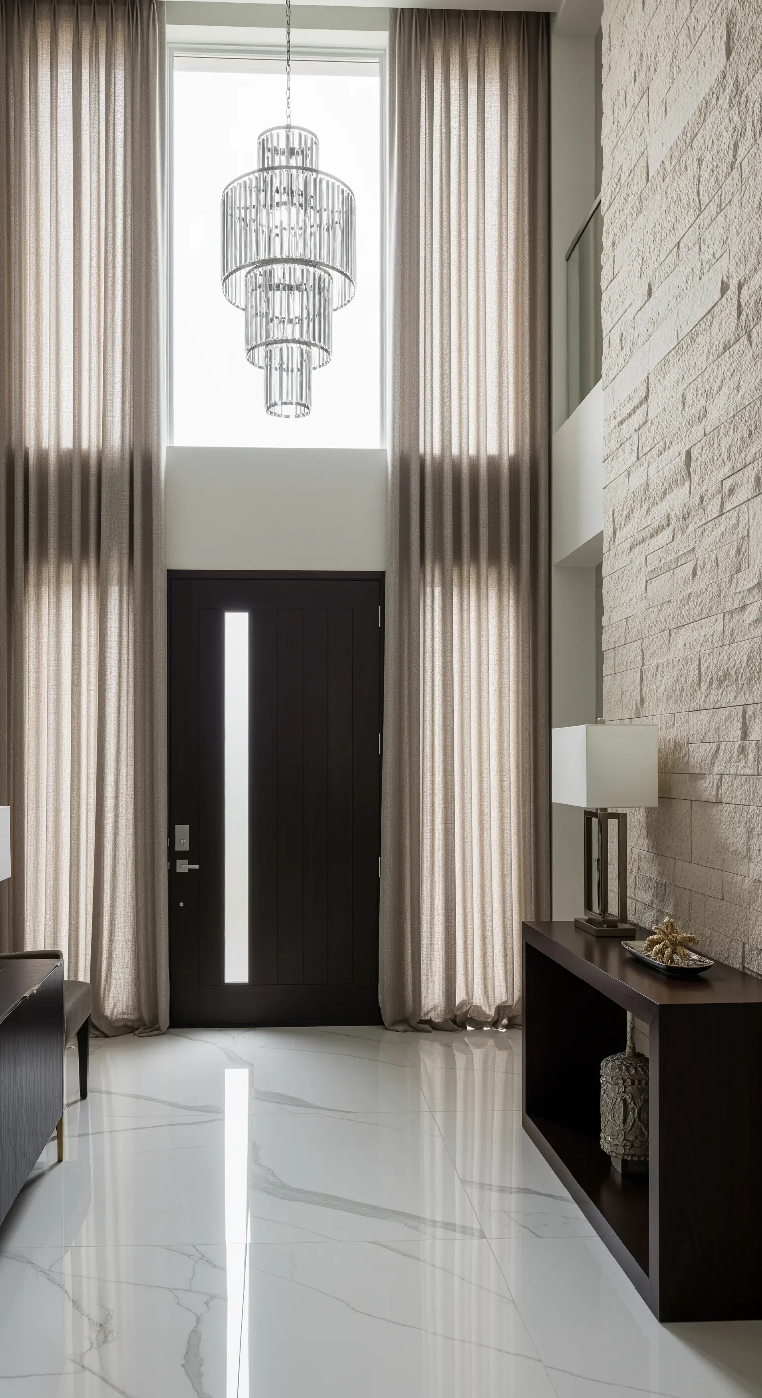 Ingresso moderno a doppia altezza con lampadario a cascata, tende greige e pavimento in marmo.