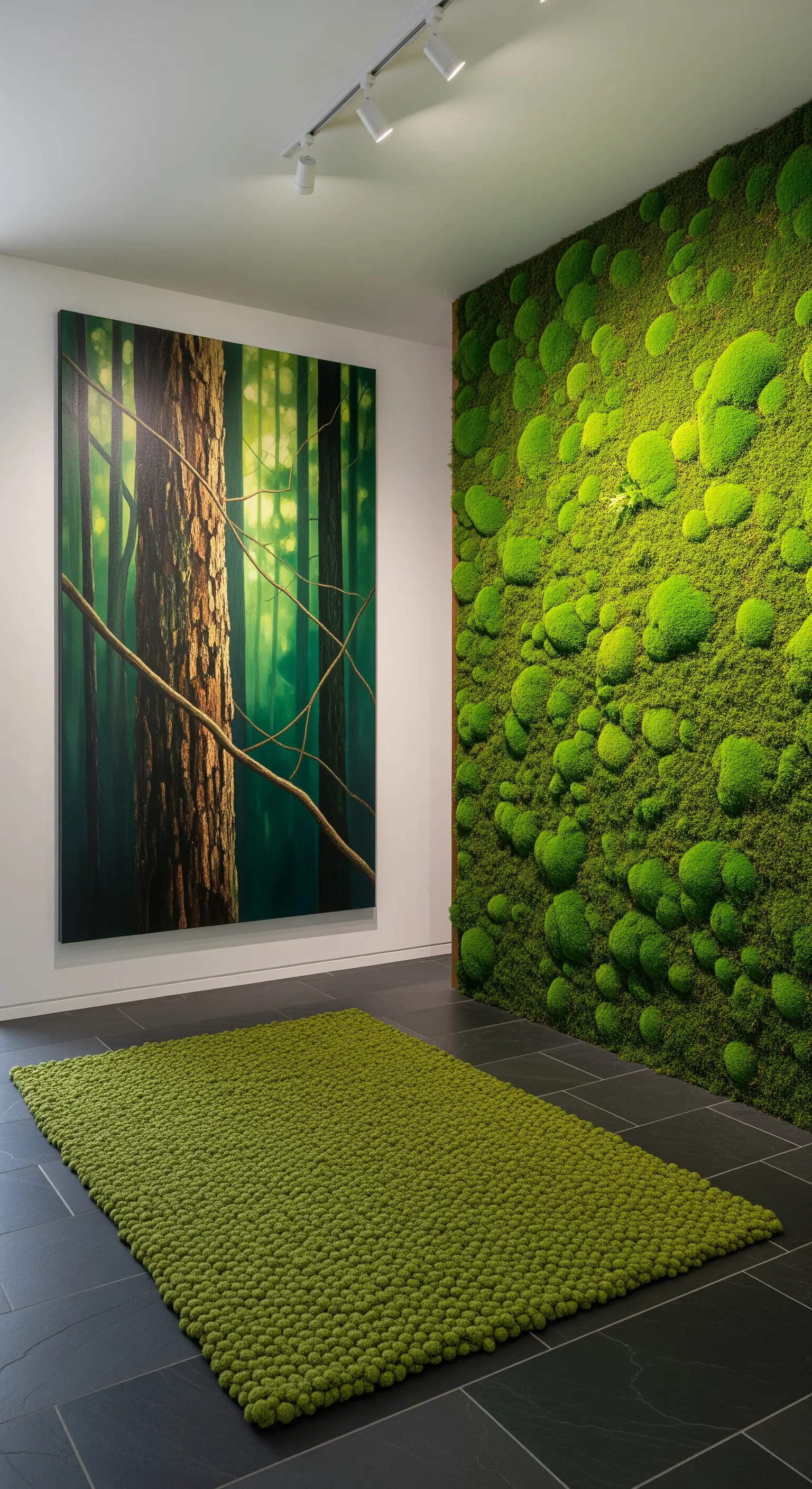 Ingresso con parete di muschio stabilizzato, quadro di una foresta e tappeto verde a rilievo.