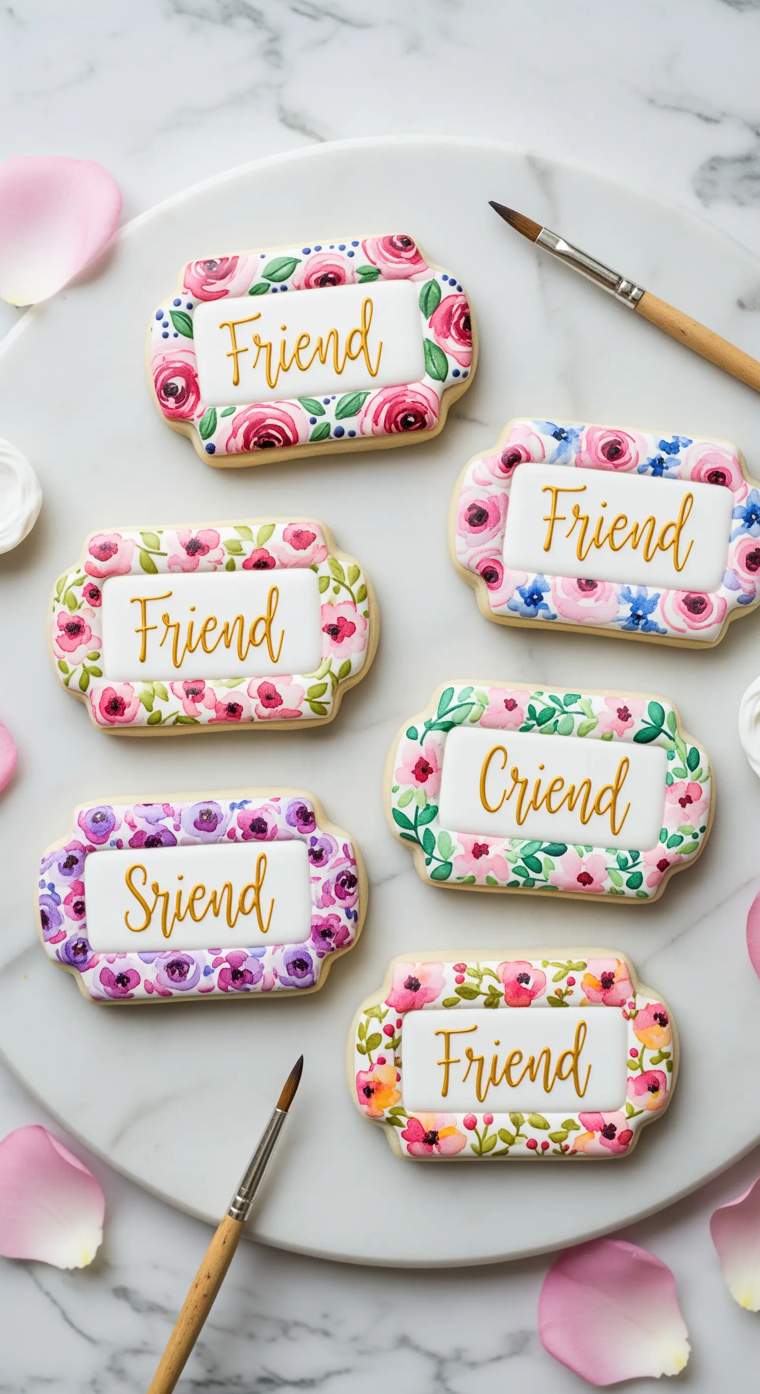Biscotti a tema 'Friend' decorati a mano con motivi floreali ad acquerello