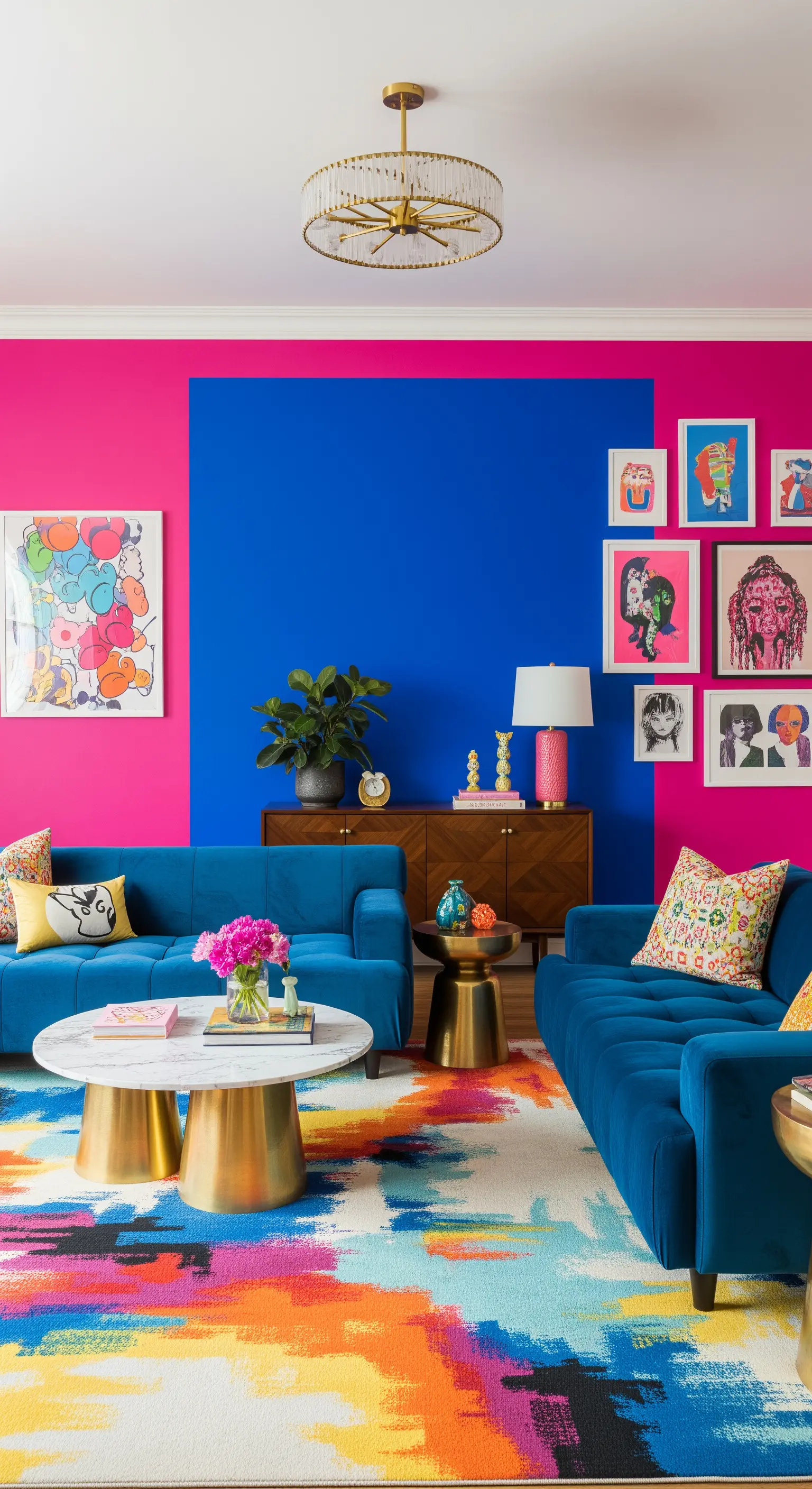 Salotto massimalista con pareti a blocchi di colore blu e fucsia e divani blu.