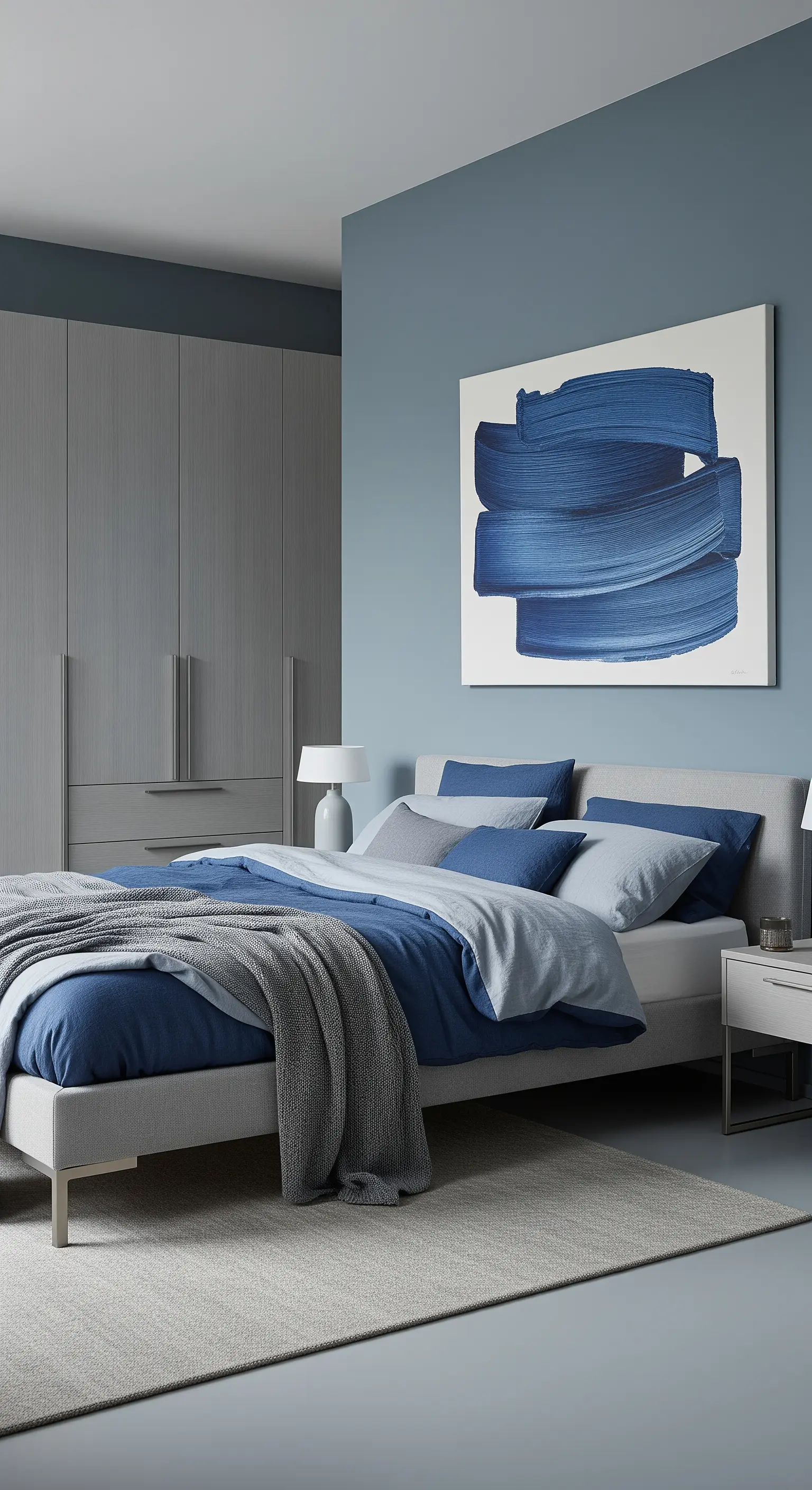 Camera da letto blu-grigio con armadio a muro coordinato e un grande quadro astratto.