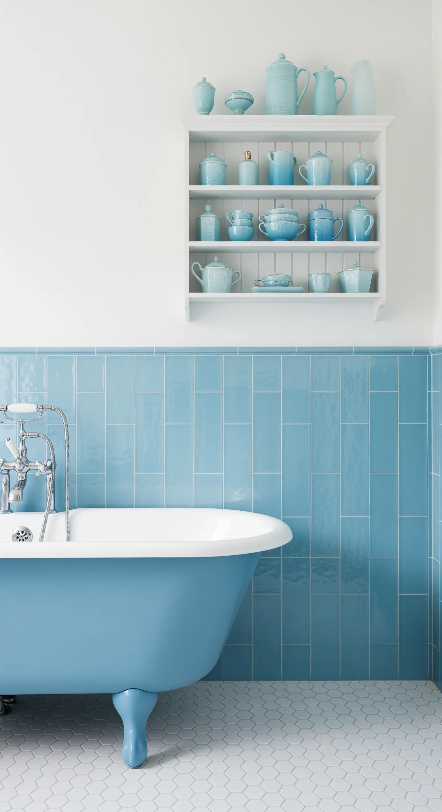 Vasca da bagno blu e piastrelle coordinate a mezza altezza, con parte superiore della parete bianca.