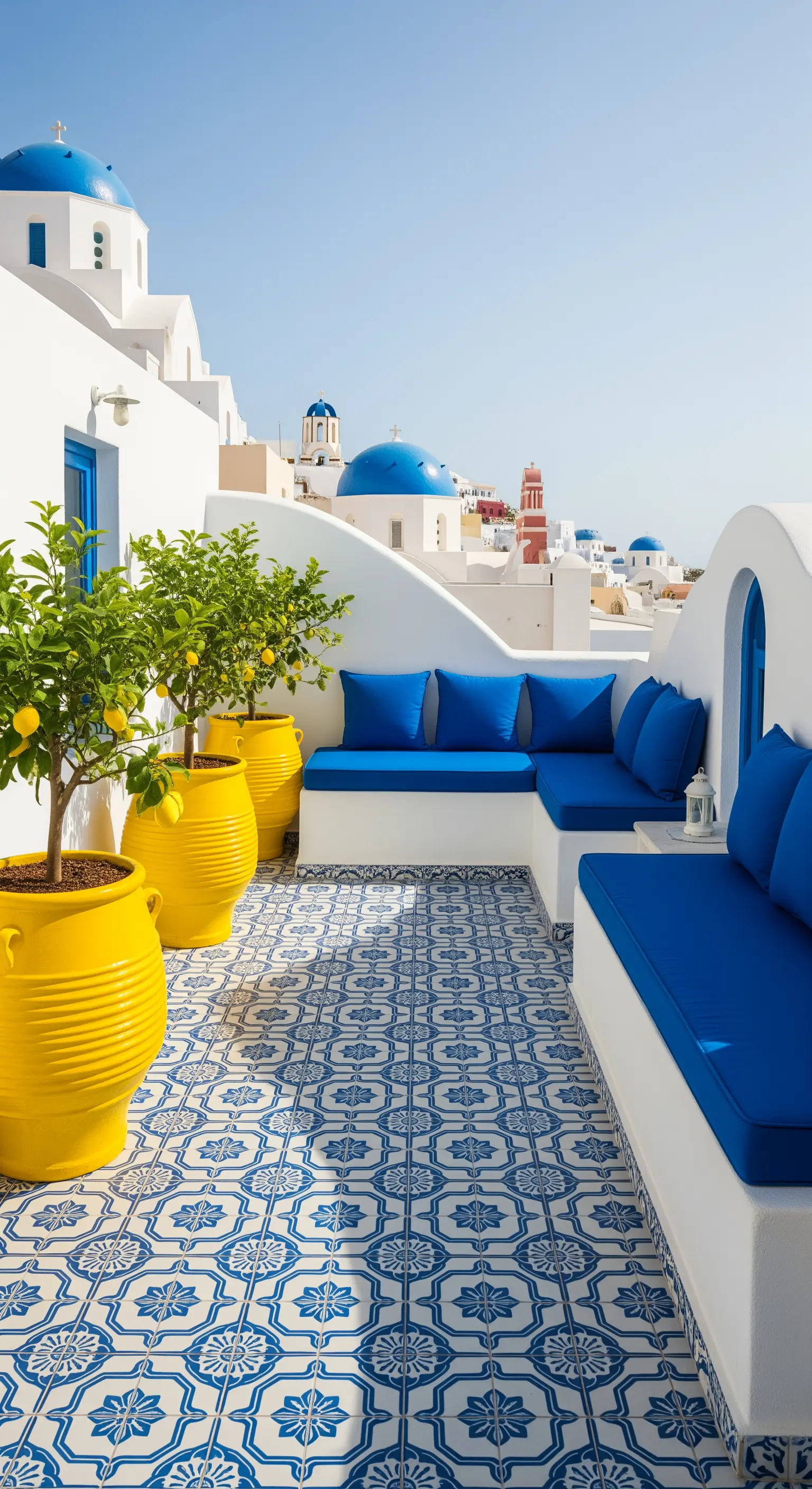 Terrazza in stile Santorini con pareti bianche, cuscini blu e vasi gialli con alberi di limoni.