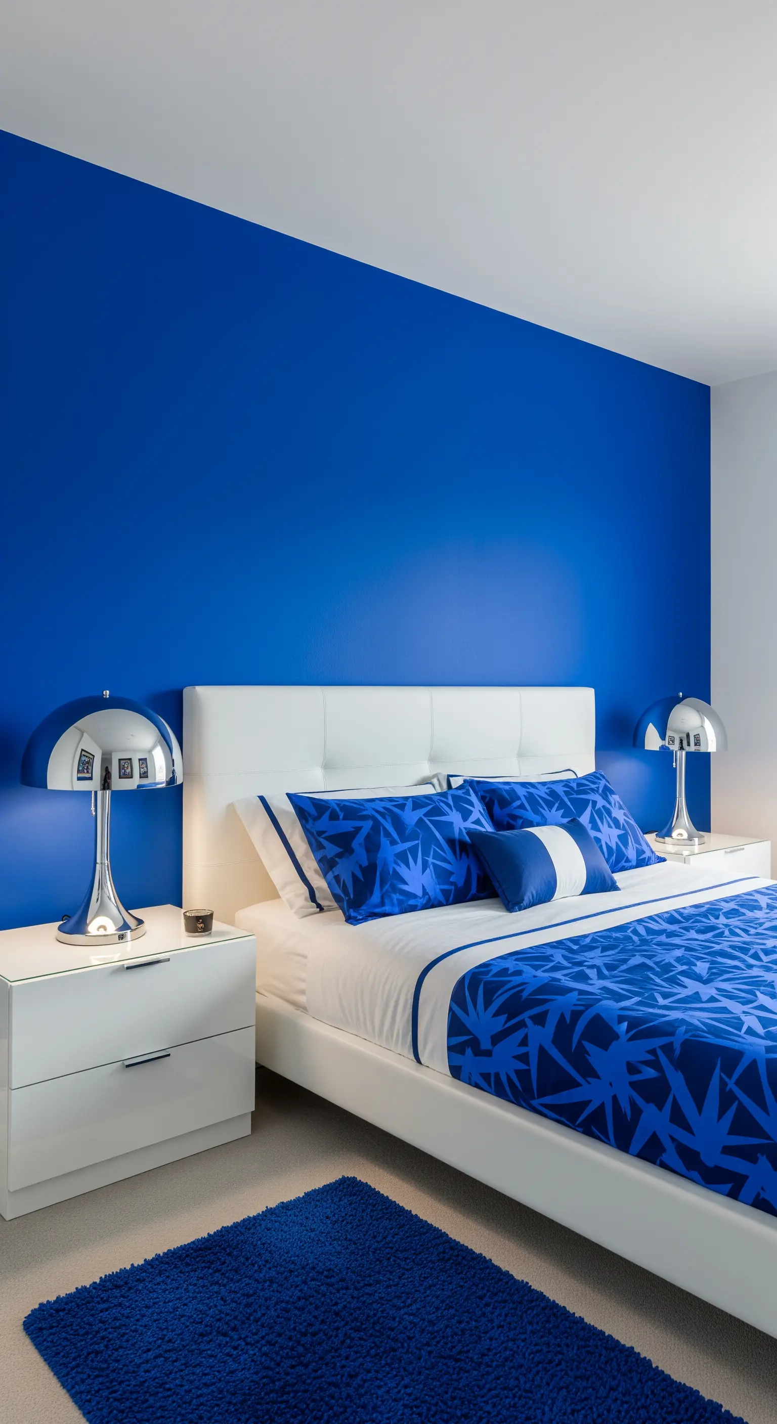 Camera da letto con parete d'accento blu elettrico, letto bianco e lampade cromate.