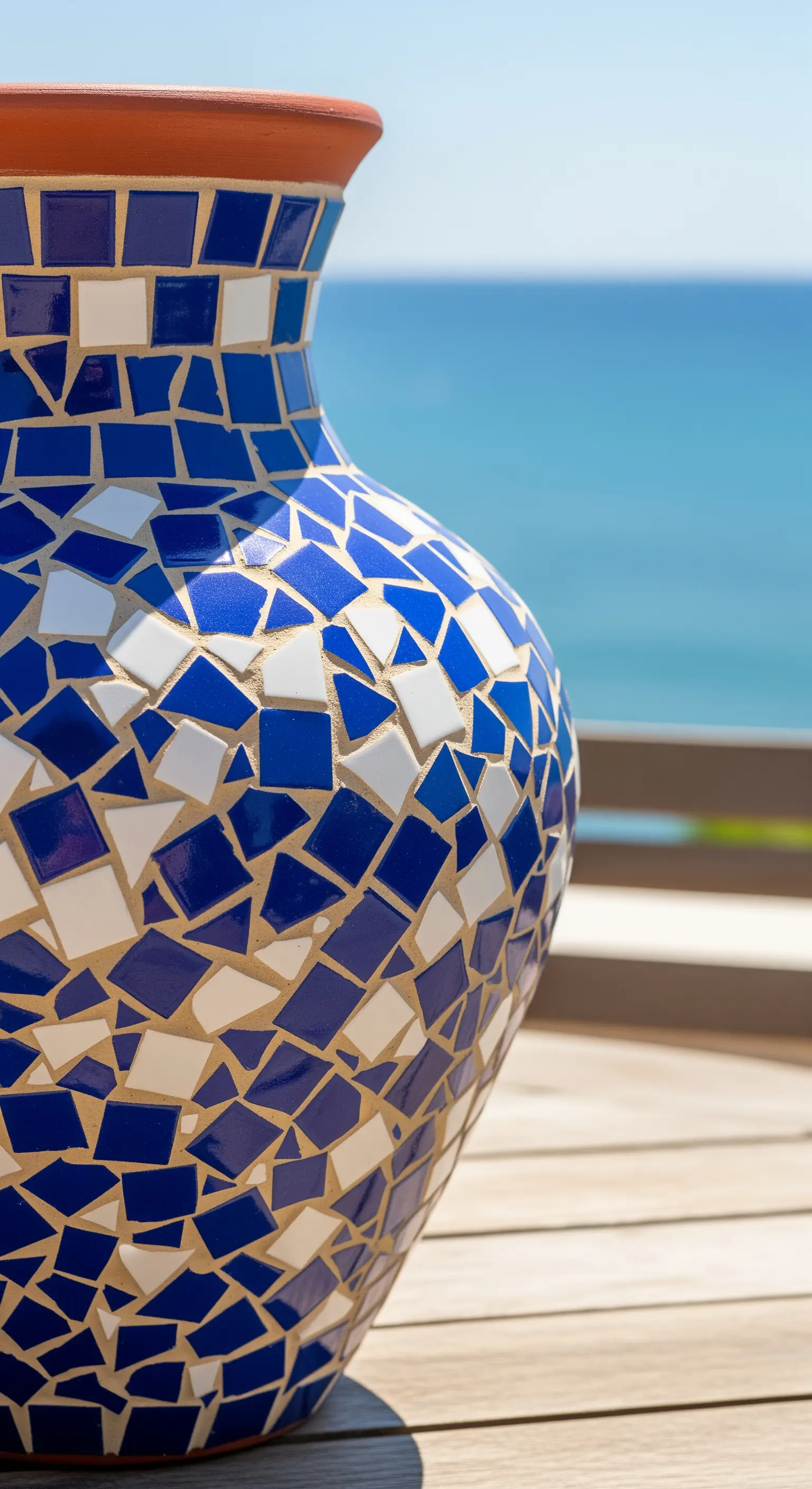 Vaso in terracotta decorato con un mosaico di piastrelle blu e bianche, vista mare sullo sfondo.