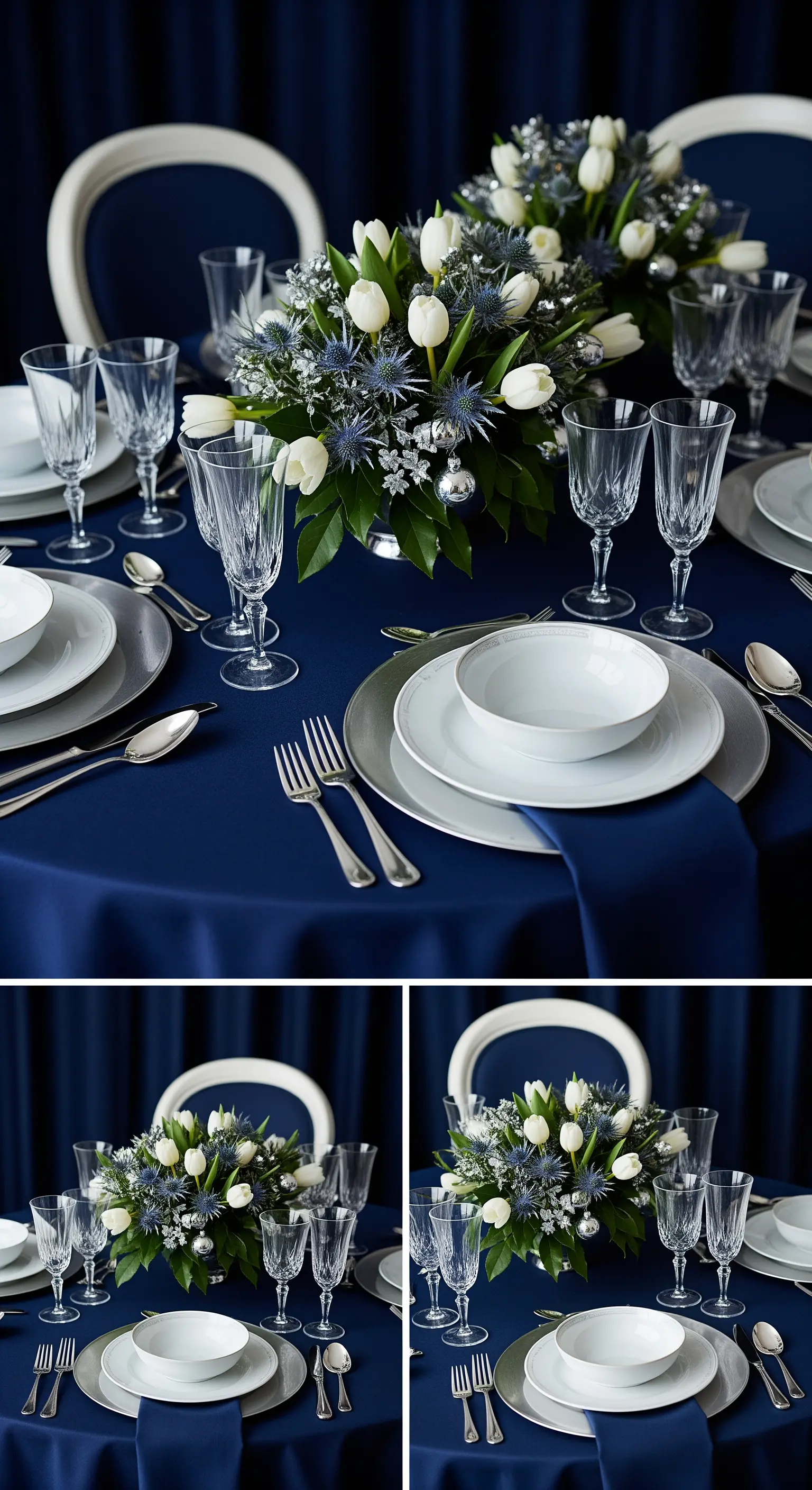 Tavola natalizia elegante in blu navy con tulipani bianchi, cardi e dettagli argentati.