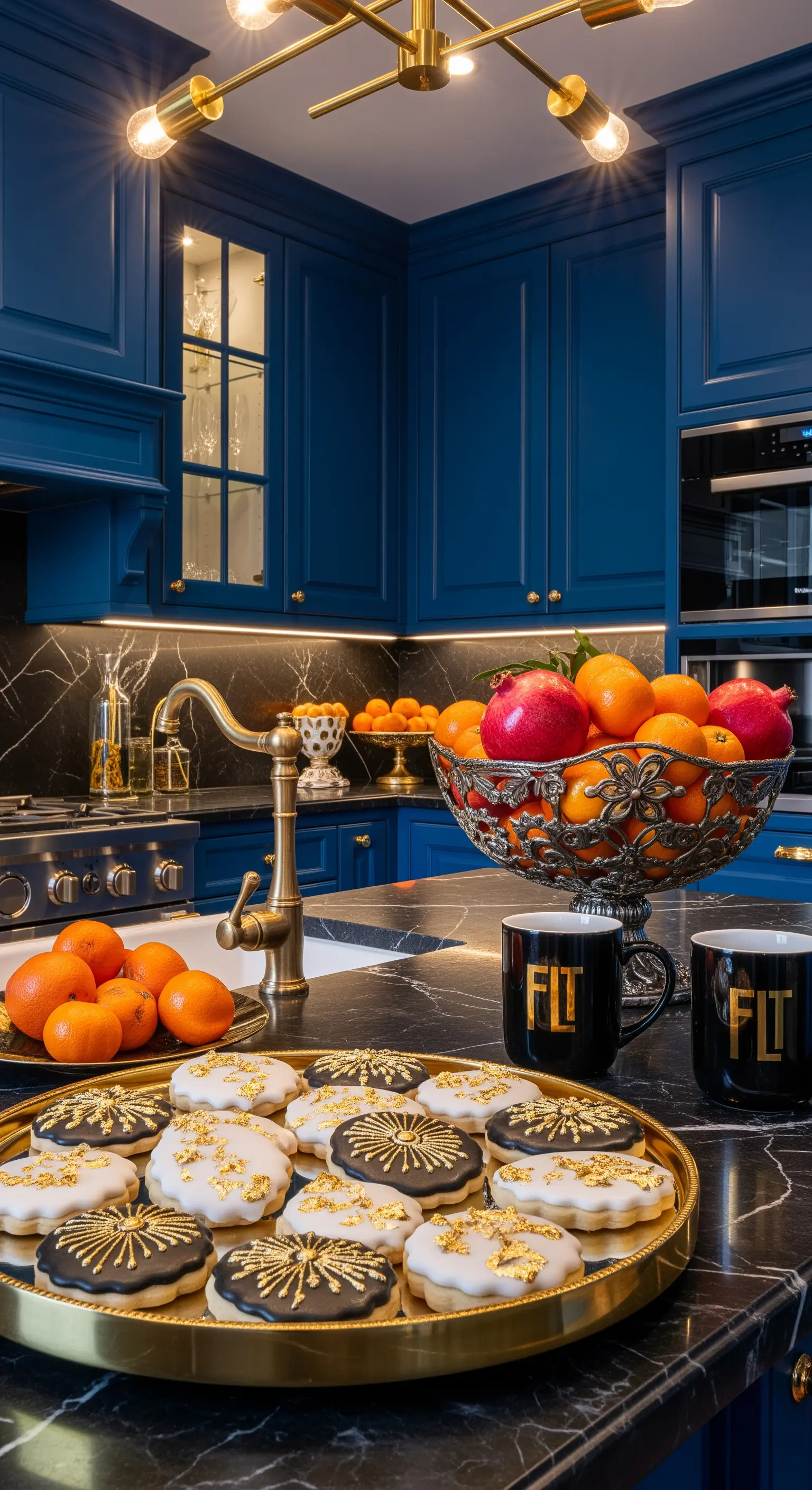 Cucina blu notte con ripiani in marmo nero, dettagli in ottone e biscotti decorati con foglia d'oro.