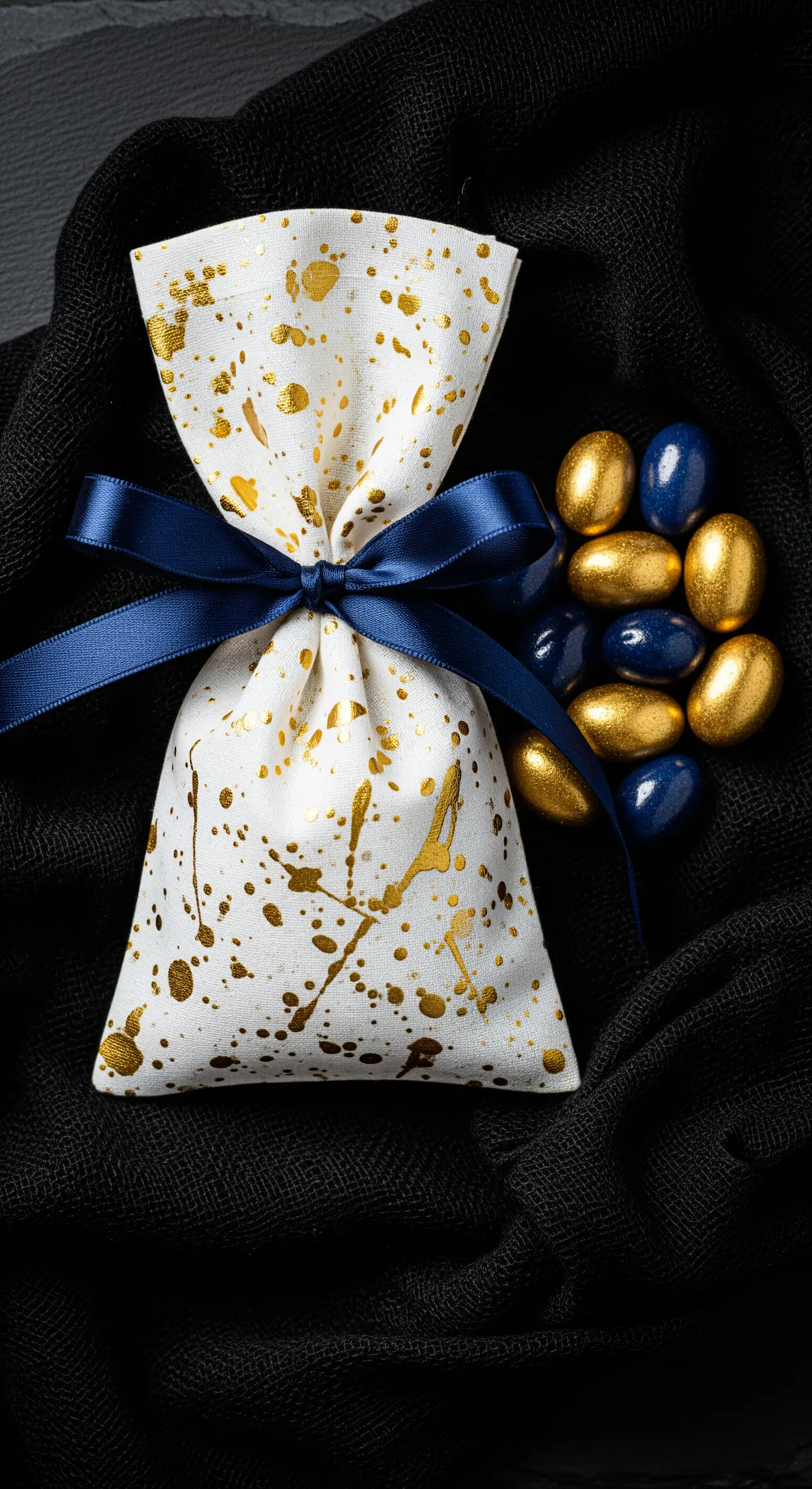 Bomboniera in tessuto bianco con schizzi di vernice dorata, chiusa da un nastro blu notte.