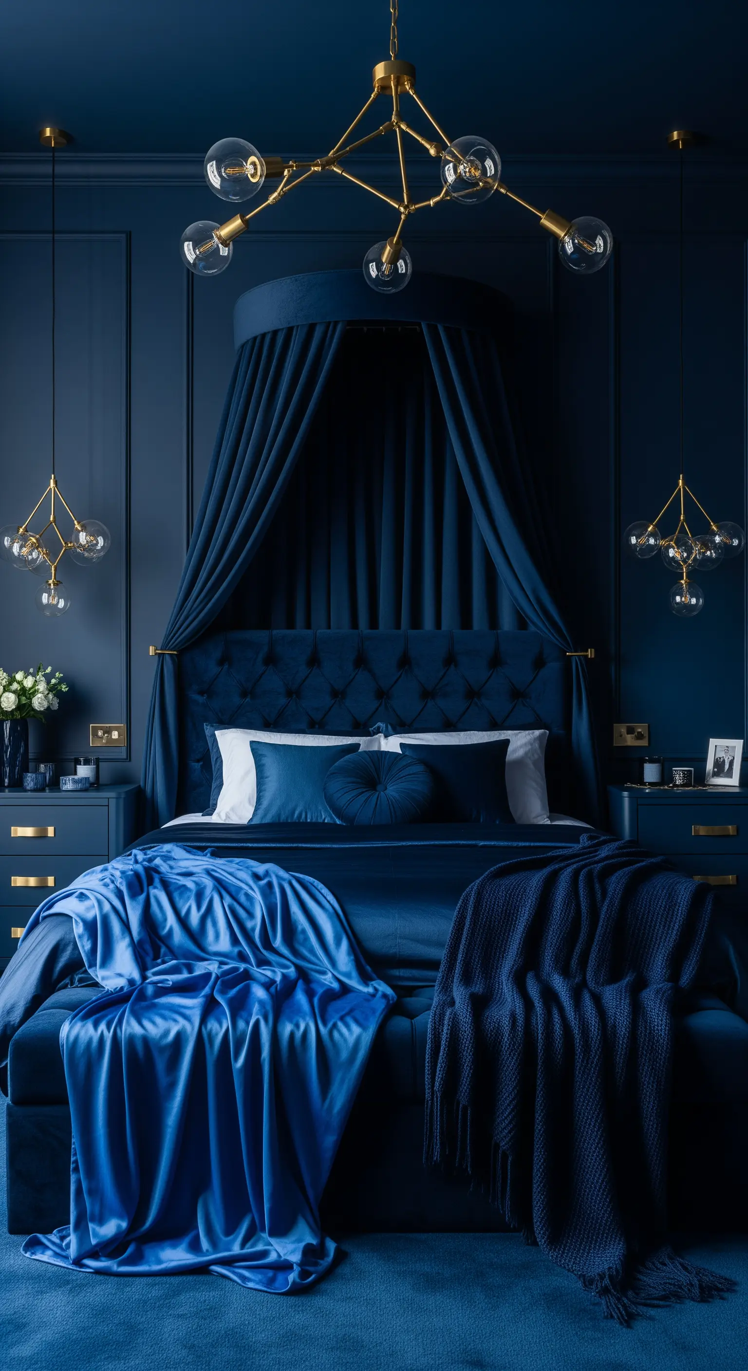 Camera da letto blu notte con letto a baldacchino in velluto e lampadari dorati.