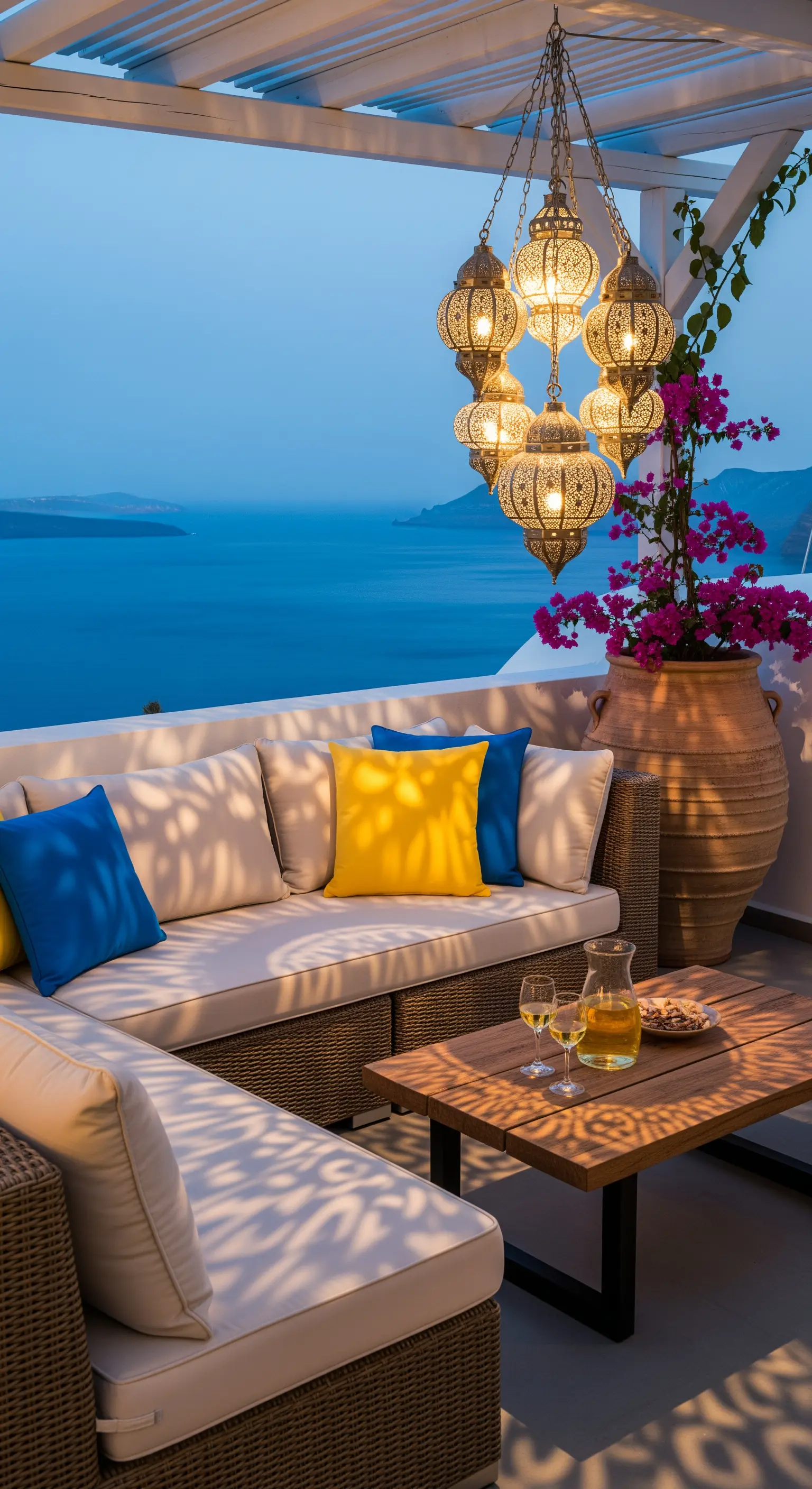 Terrazza con vista mare, divano in rattan, cuscini blu e gialli e lanterne marocchine sospese.