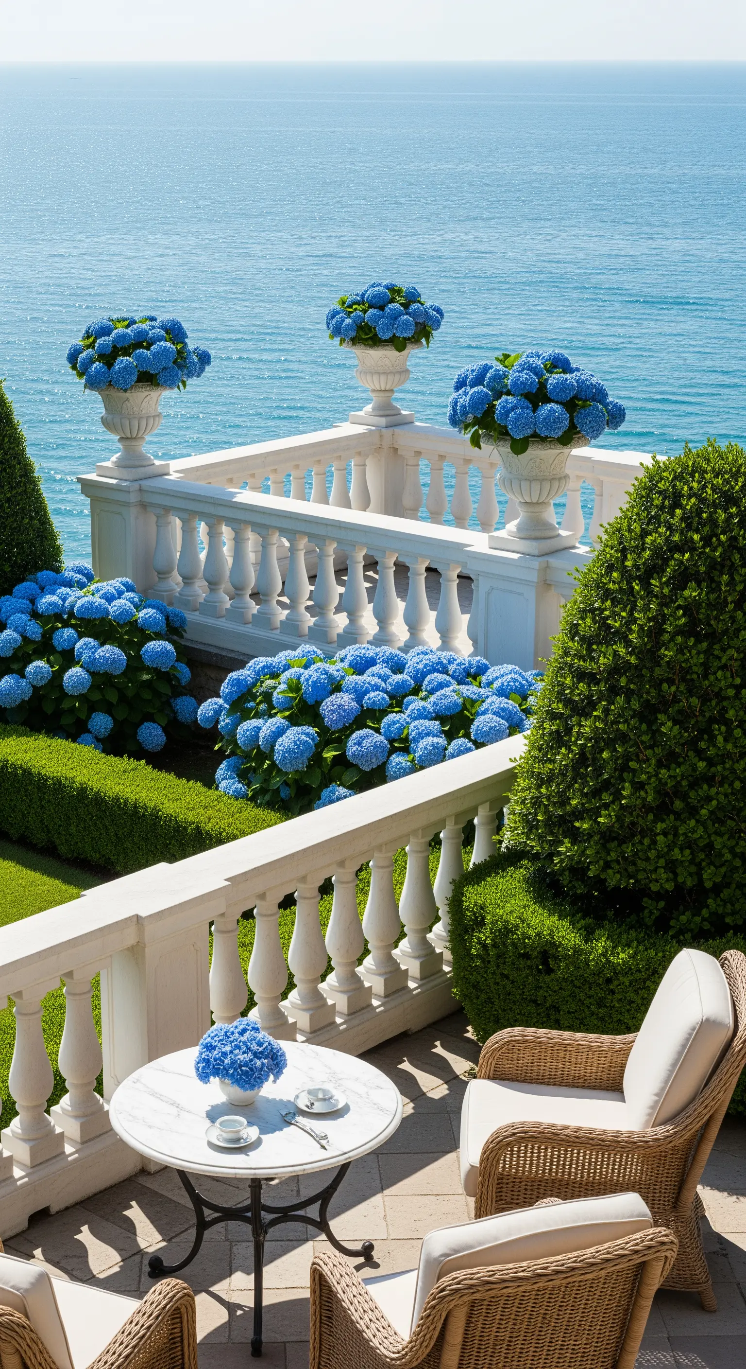 Terrazza vista mare con balaustra bianca, ortensie blu in vaso e poltrone in vimini.