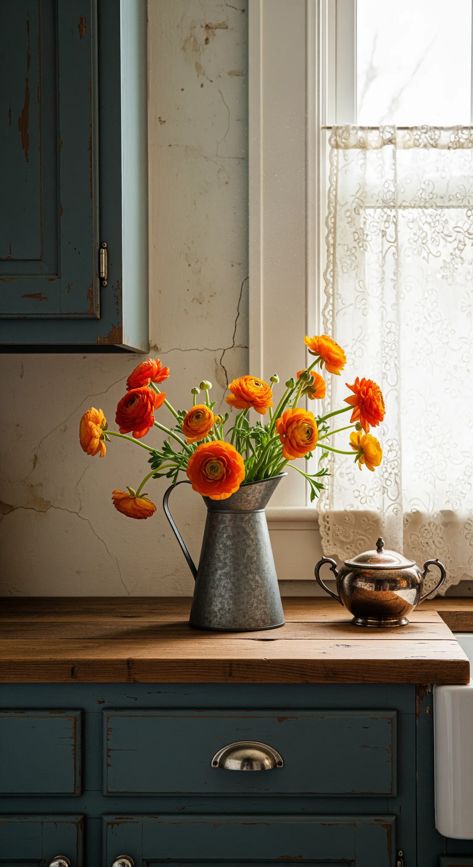 Dettaglio di una cucina shabby con mobili blu petrolio e fiori arancioni.