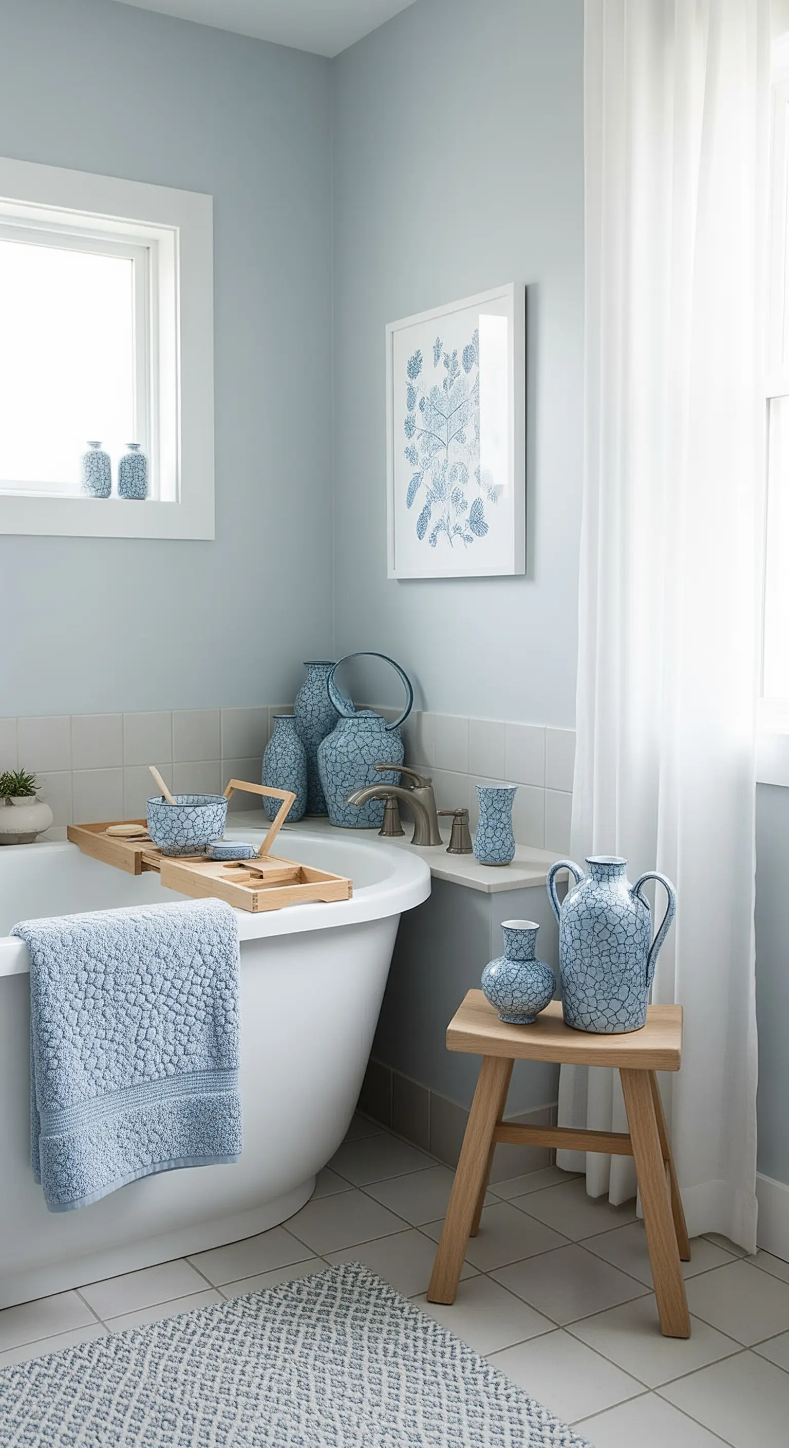 Vasca da bagno bianca circondata da vasi e accessori in ceramica blu con finitura craquelé.
