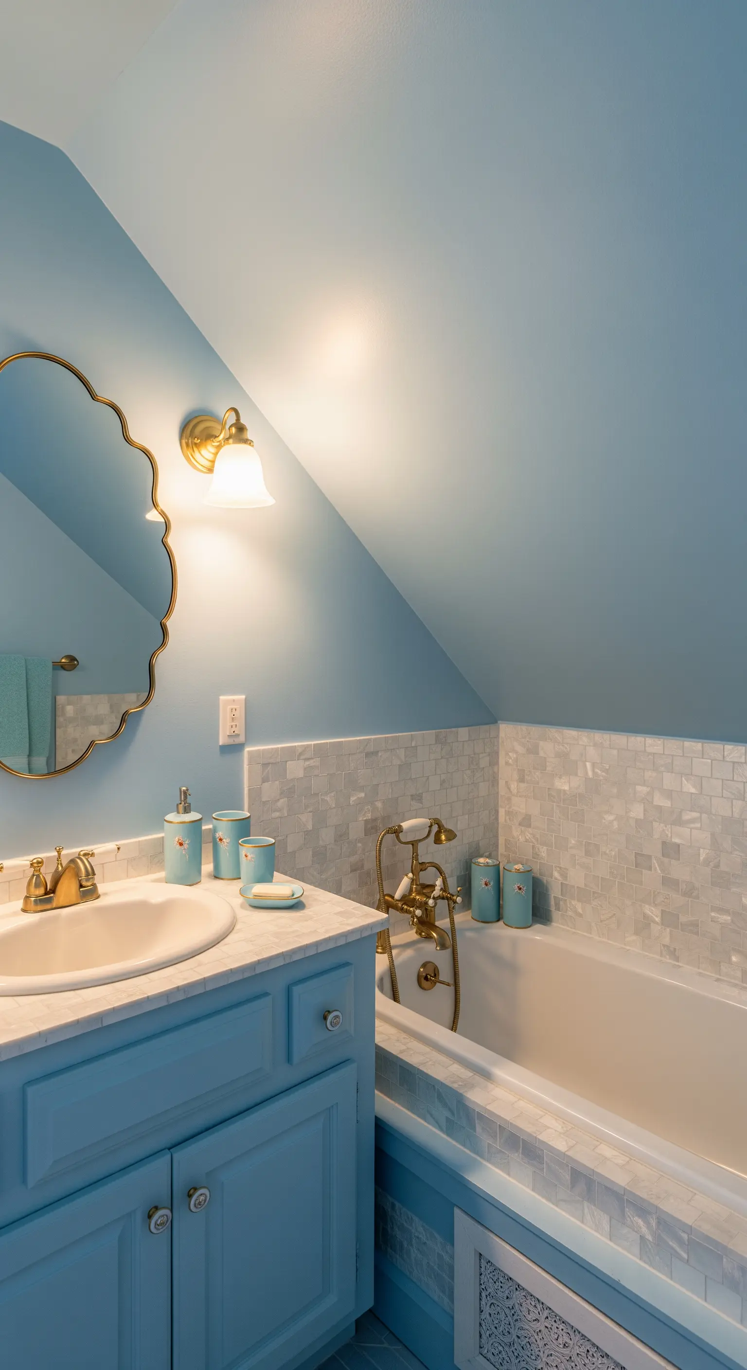 Bagno in mansarda color azzurro polvere con mobiletto coordinato e dettagli in ottone.