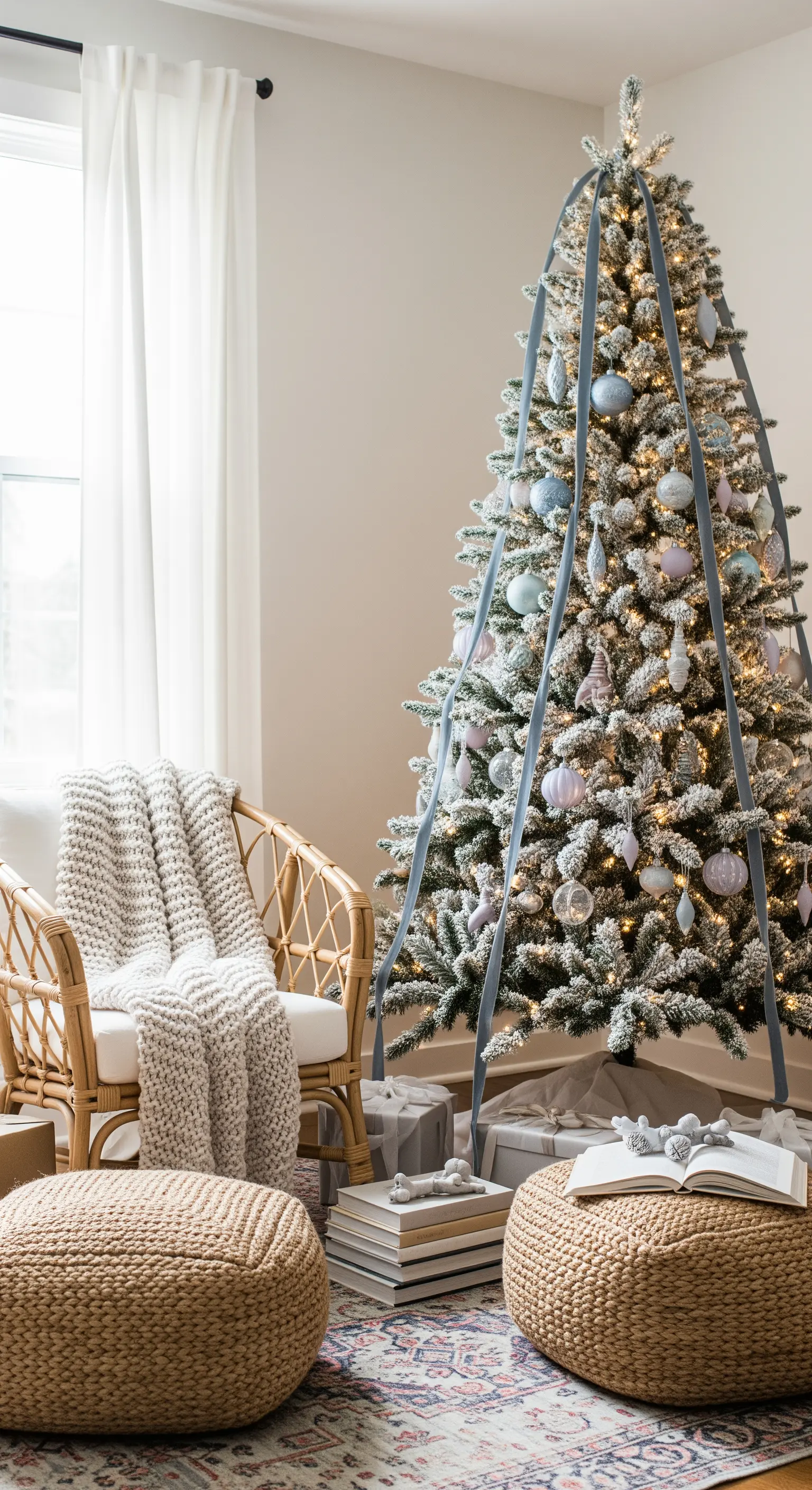 Albero di Natale innevato con lungo nastro in velluto blu polvere e palline pastello