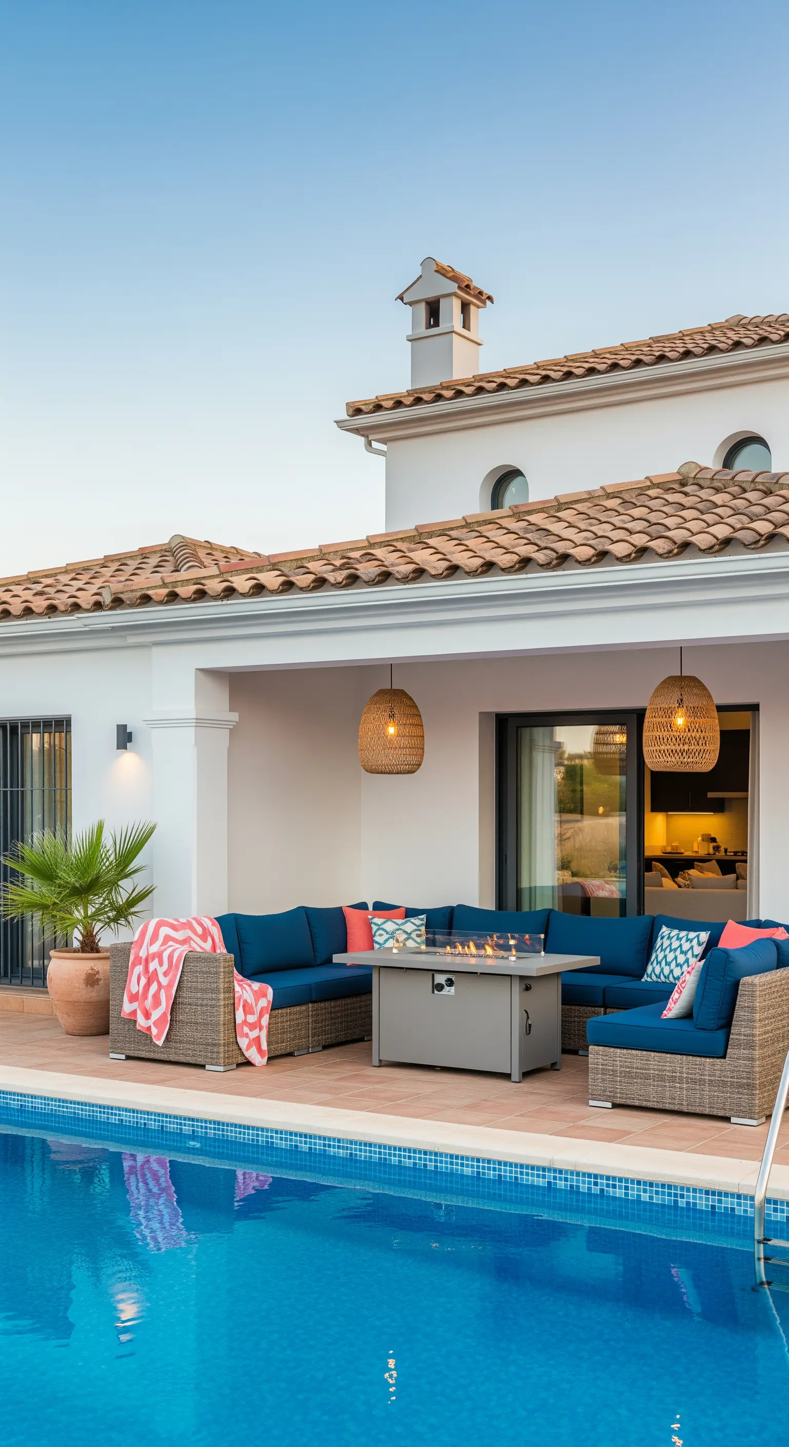 Patio a bordo piscina con grande divano blu, braciere centrale e lampade in vimini.