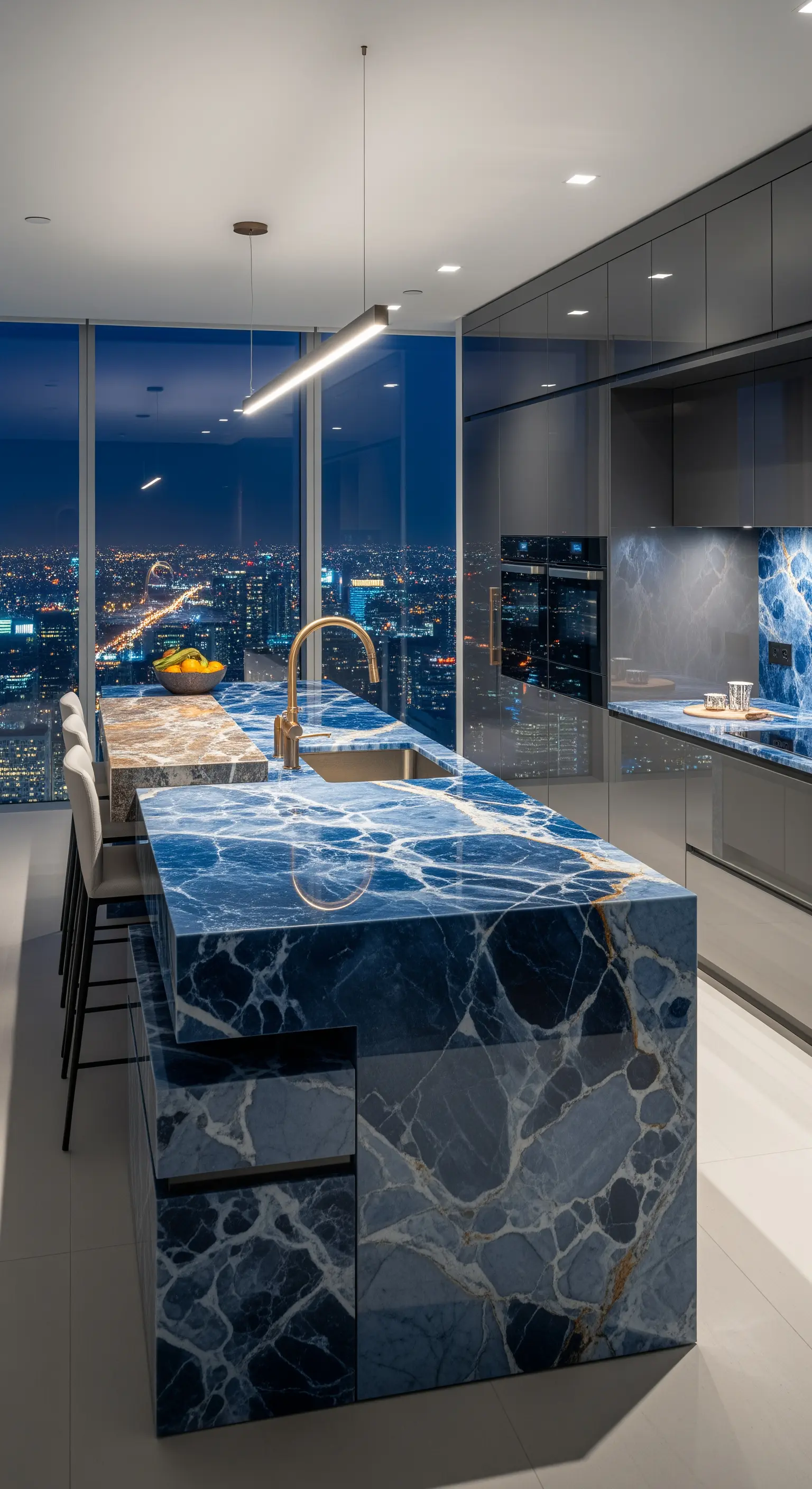 Isola cucina a cascata in marmo blu intenso con venature bianche in un attico moderno con vista sulla città.