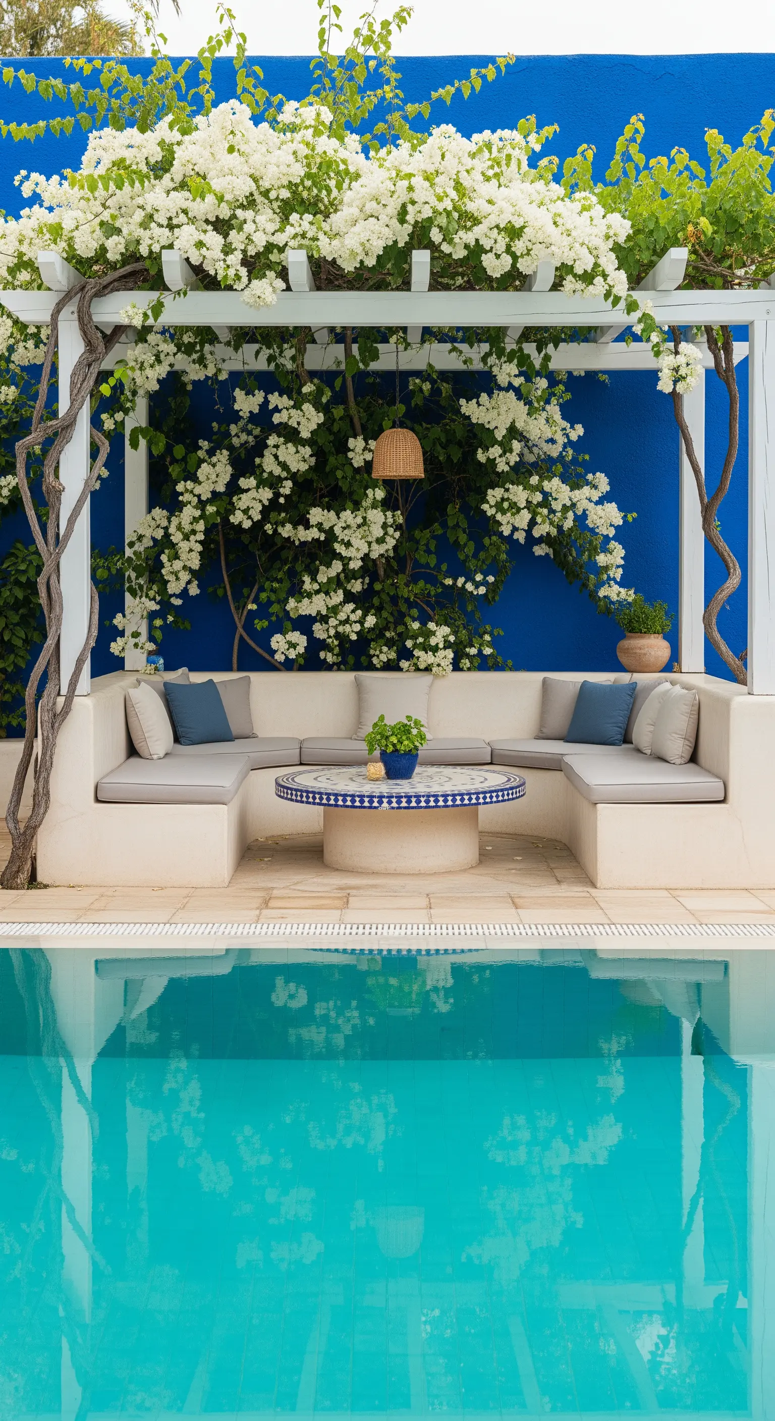 Bordo piscina con parete blu, divano in muratura e una cascata di bouganville bianca.