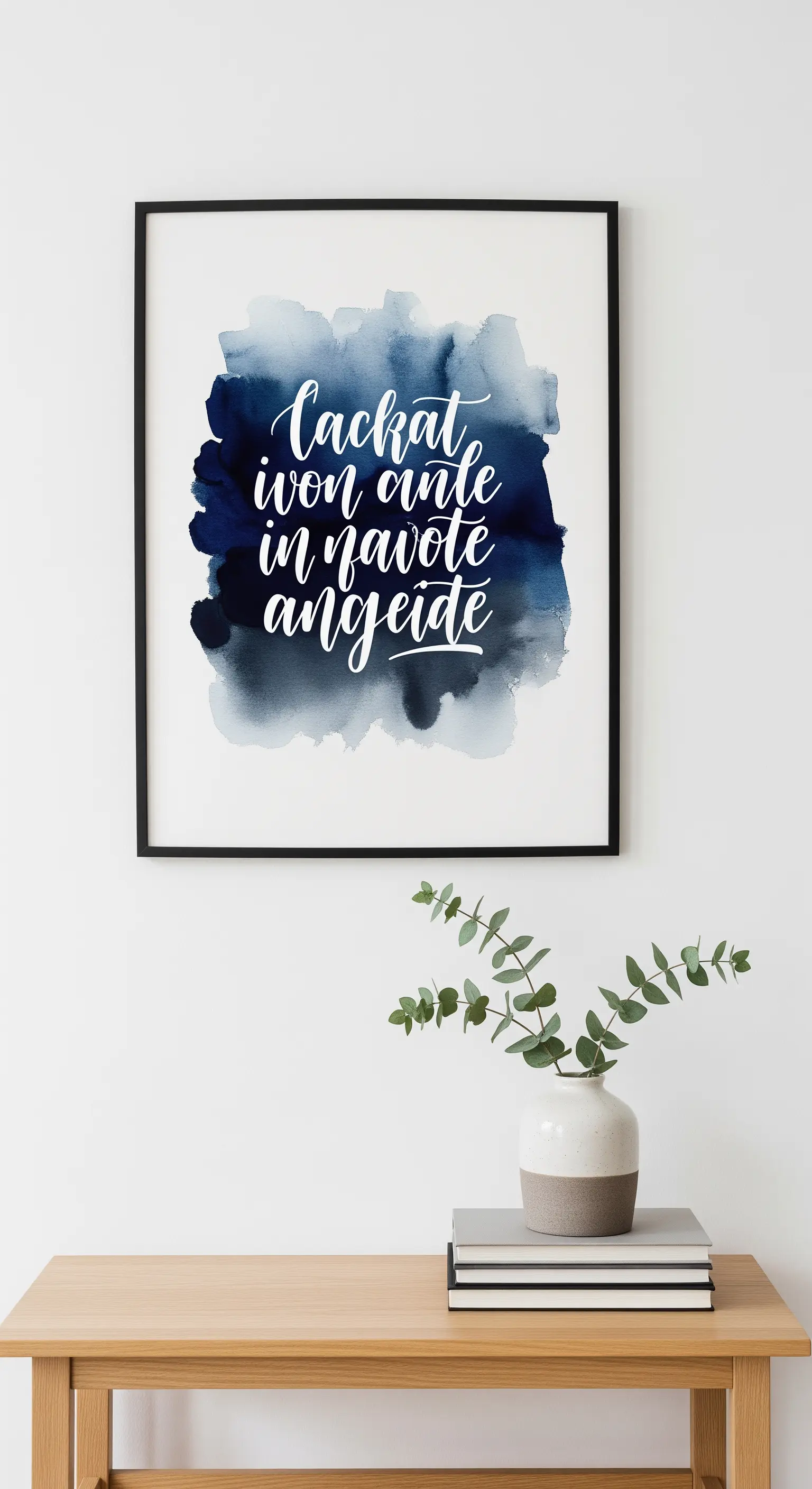 Quadro con sfondo acquerello blu notte e calligrafia bianca, appeso sopra una consolle in legno.