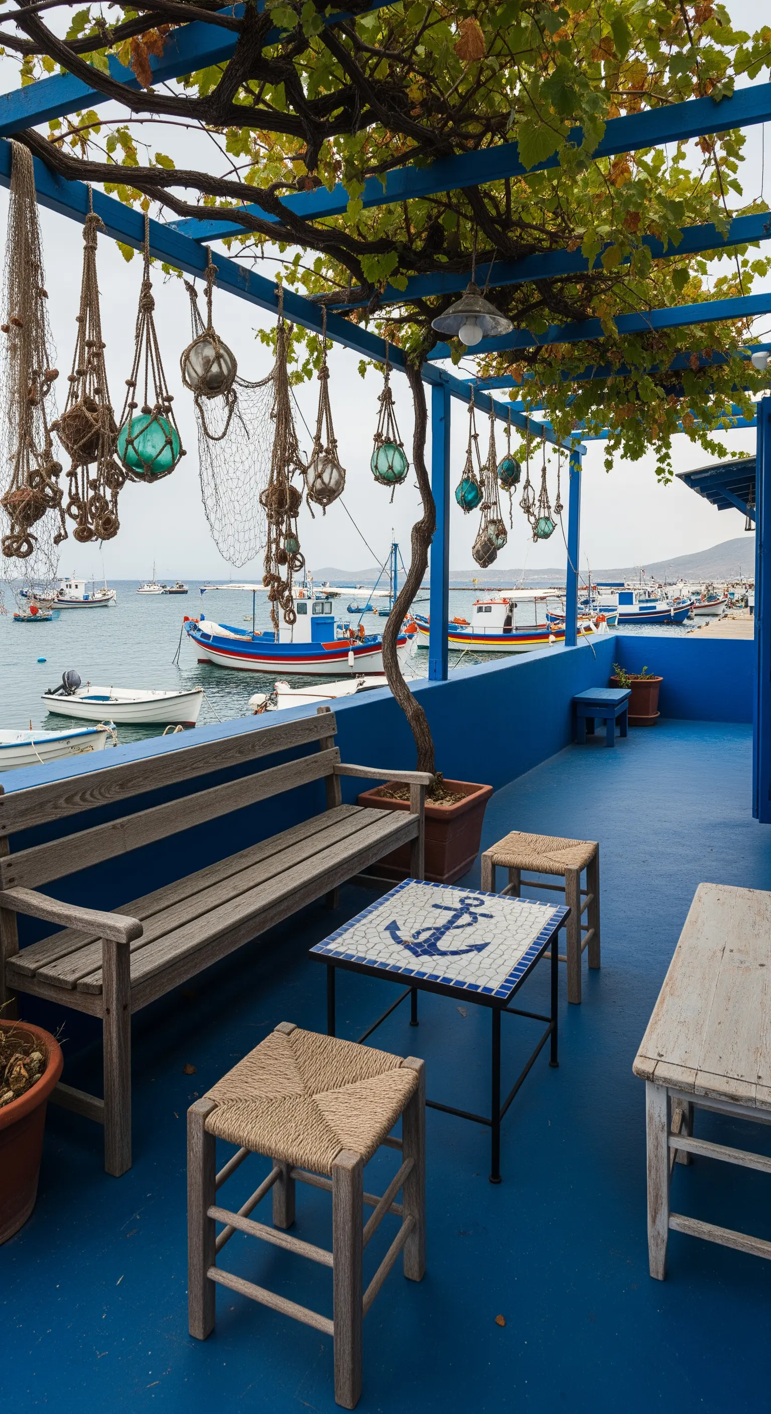 Patio vista mare con pavimento blu, panche in legno e tavolo con ancora a mosaico.