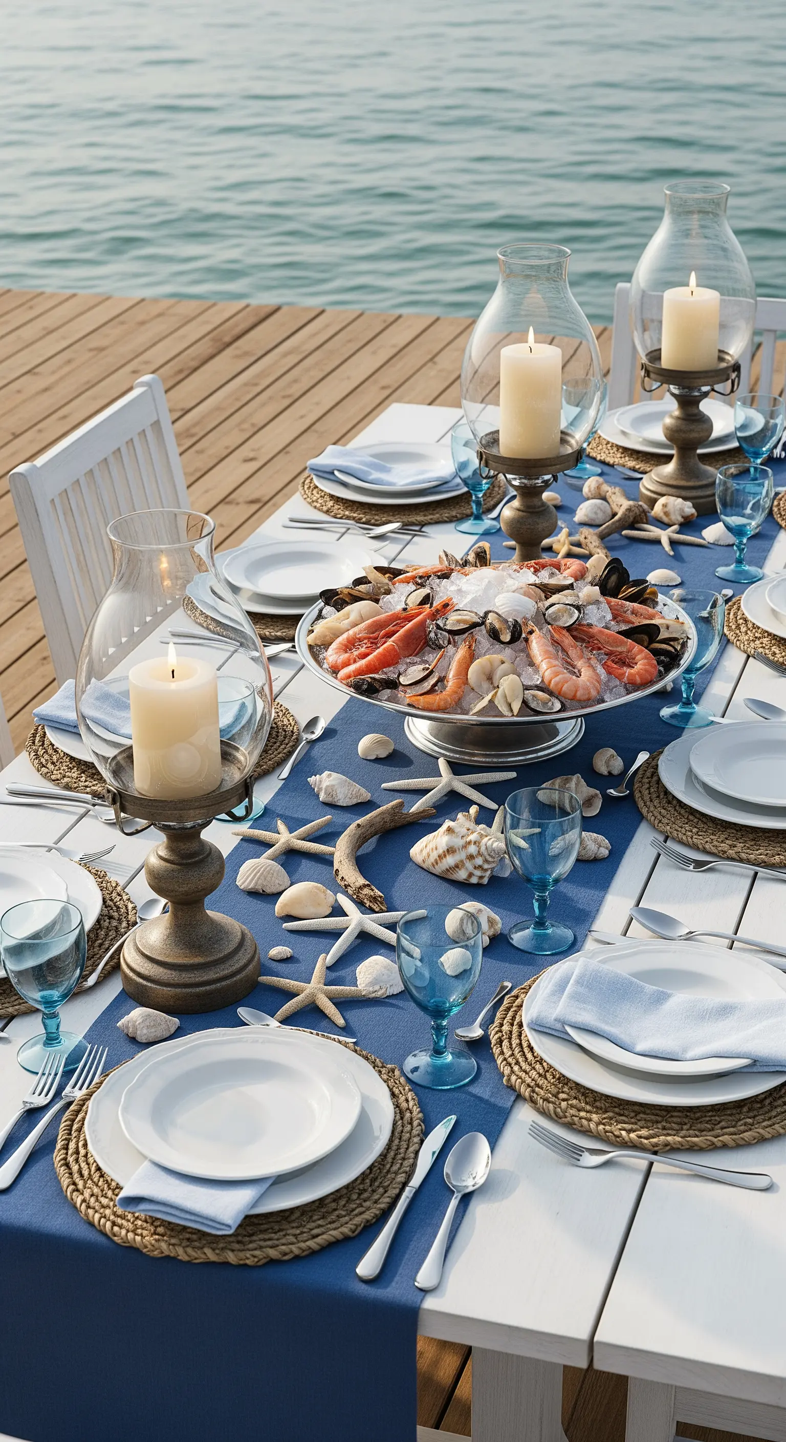 Tavola sul mare con runner blu e un grande vassoio di frutti di mare.