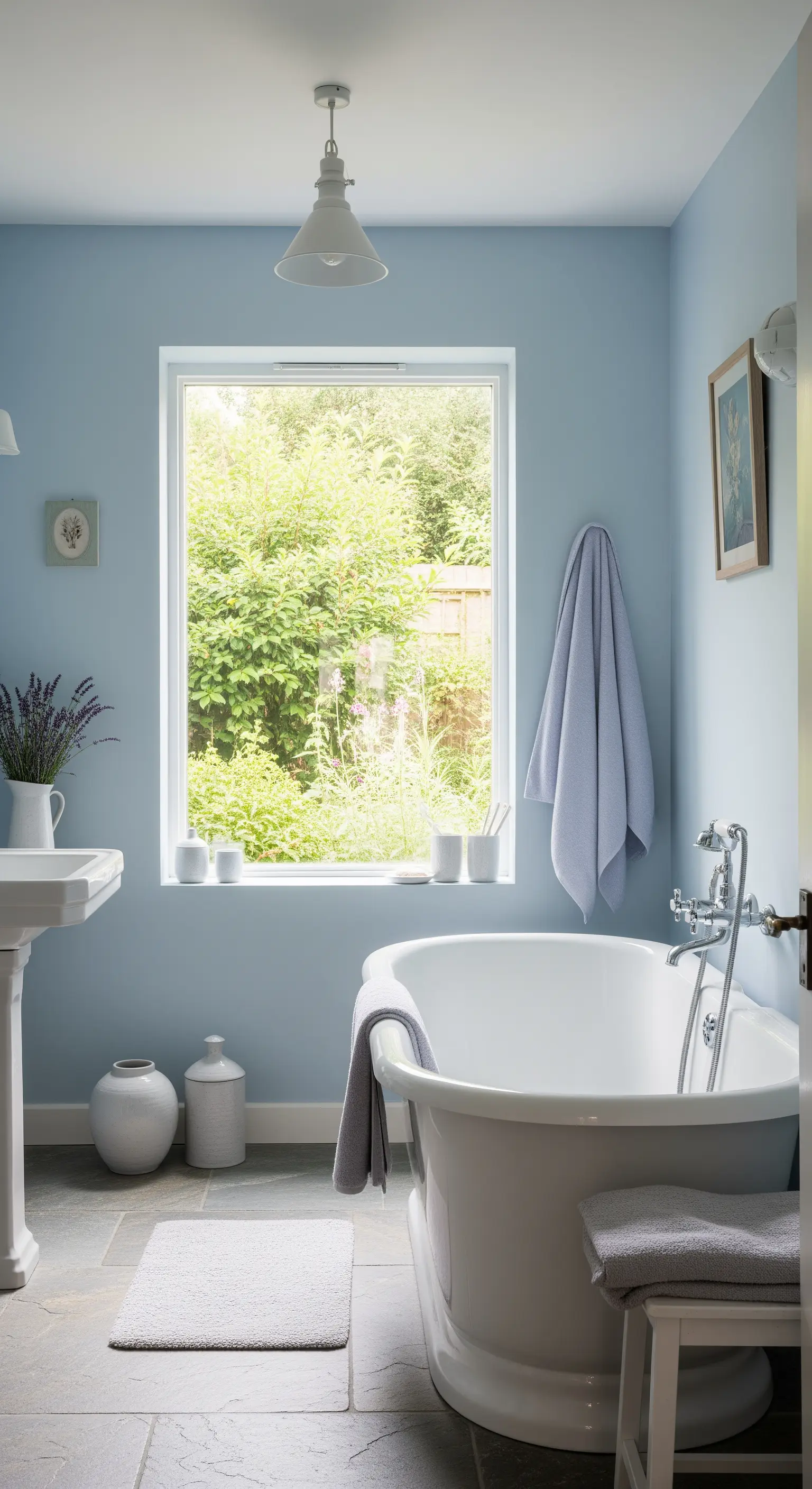 Bagno minimalista color azzurro polvere con una grande finestra che si affaccia su un giardino.