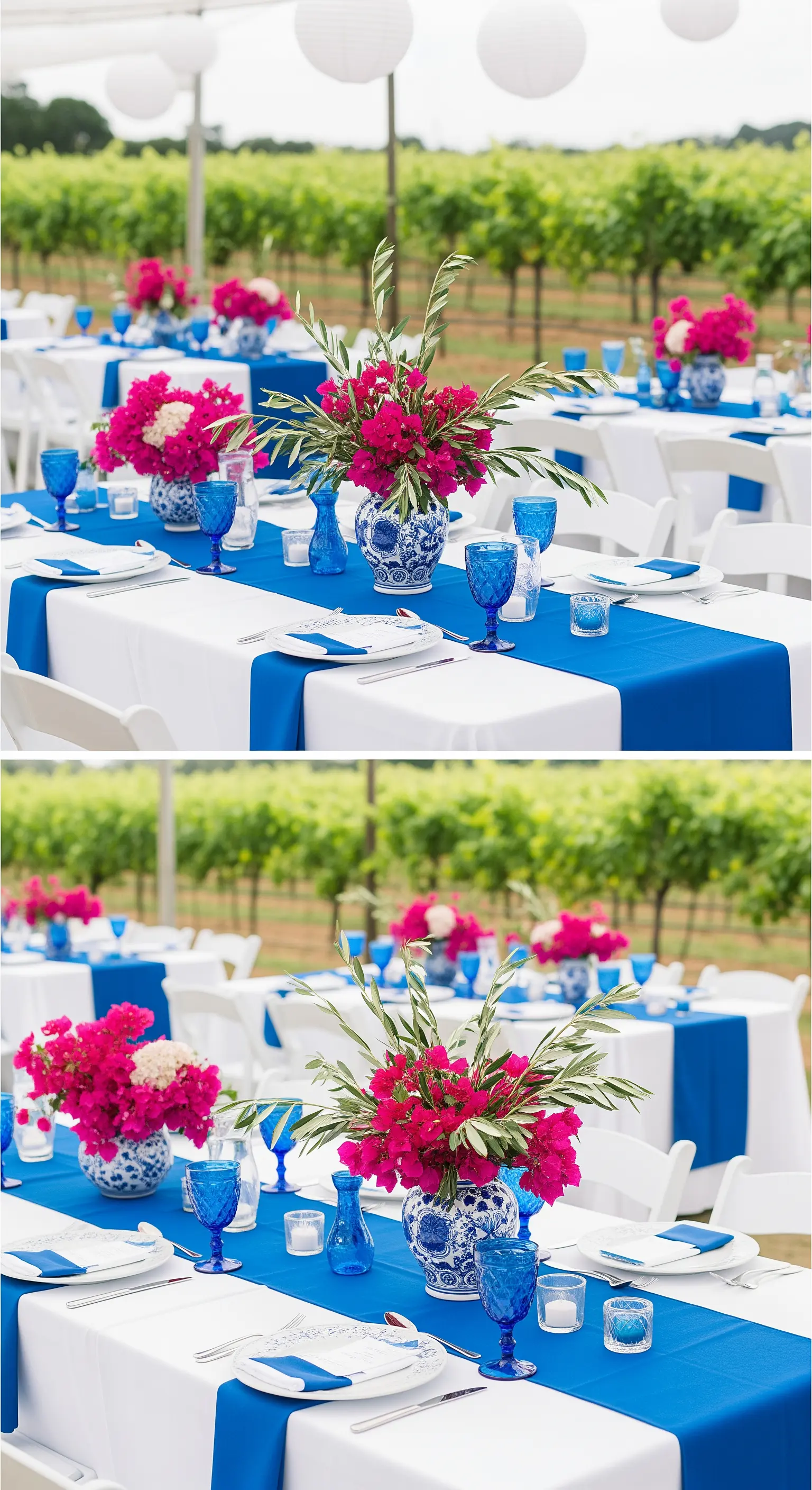 Tavola nuziale con runner e bicchieri blu elettrico e centrotavola di bouganville fucsia.