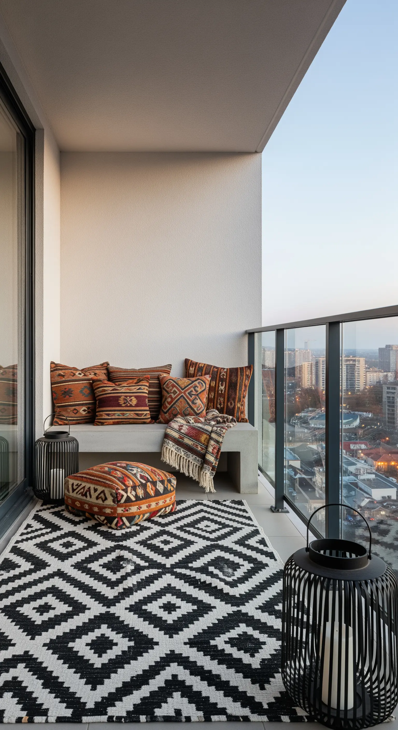 Balcone moderno con panca in cemento, tappeto geometrico bianco e nero, e lanterne nere.