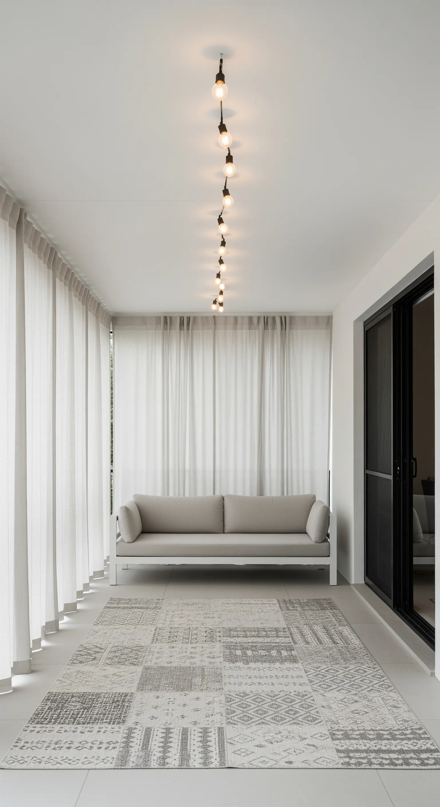 Veranda minimalista con divano grigio, tappeto patchwork tono su tono e tende bianche.