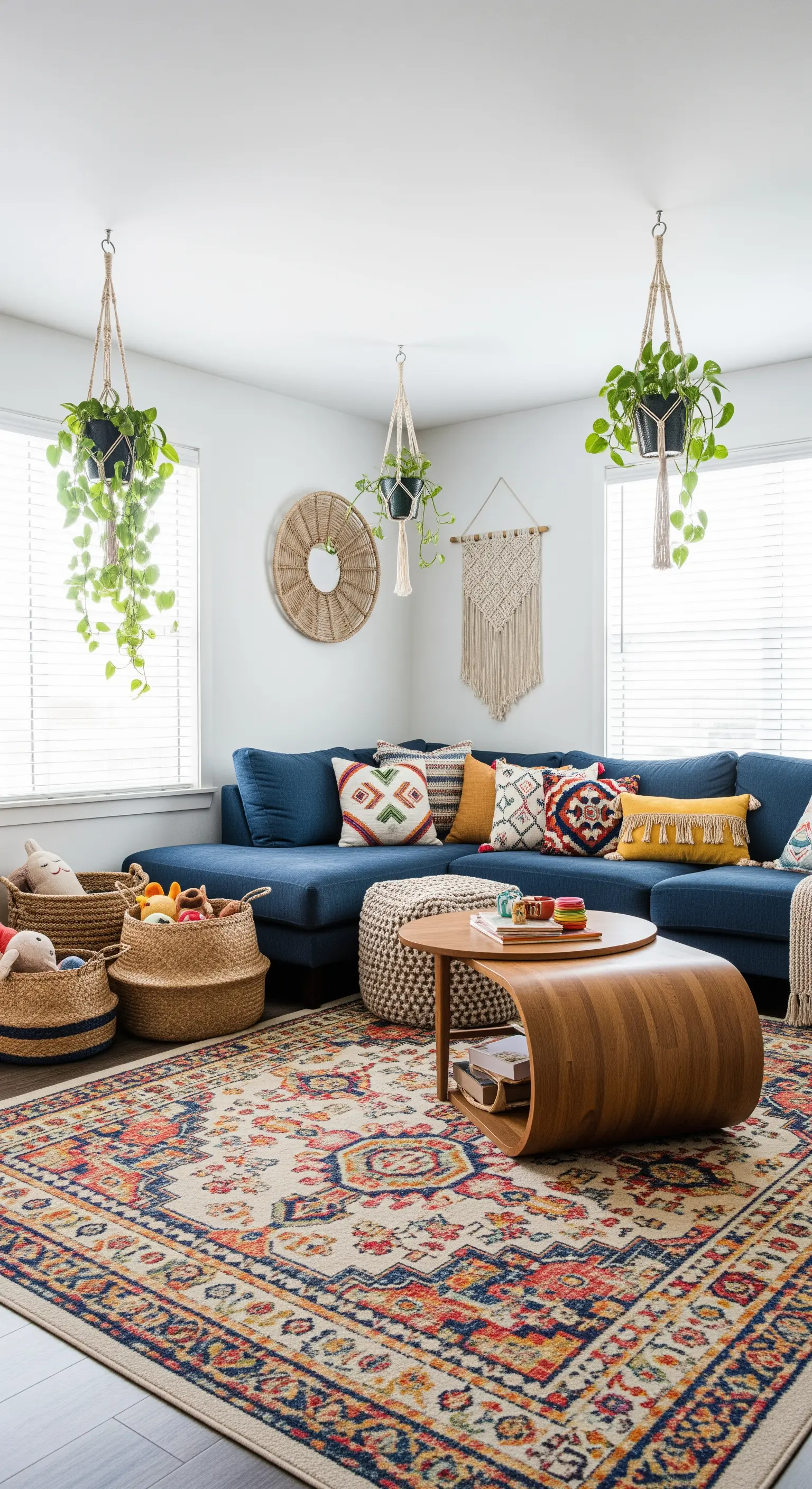Salotto familiare con divano blu, ceste per i giochi, tappeto etnico e piante sospese.