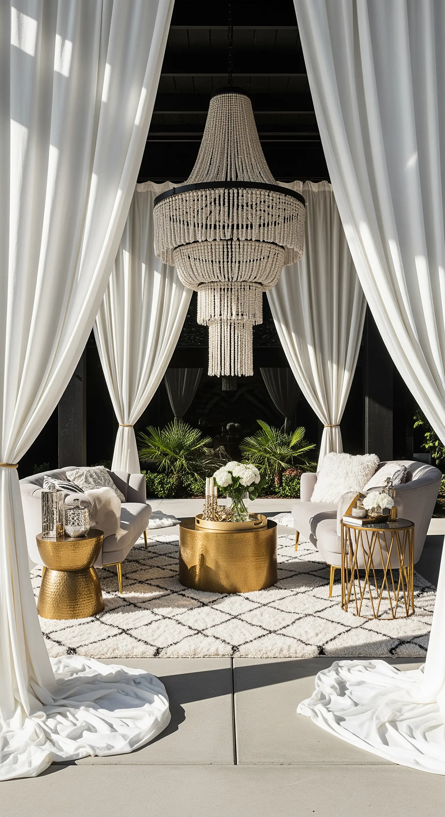 Patio elegante con lampadario di perline, arredi dorati e tende bianche drappeggiate.